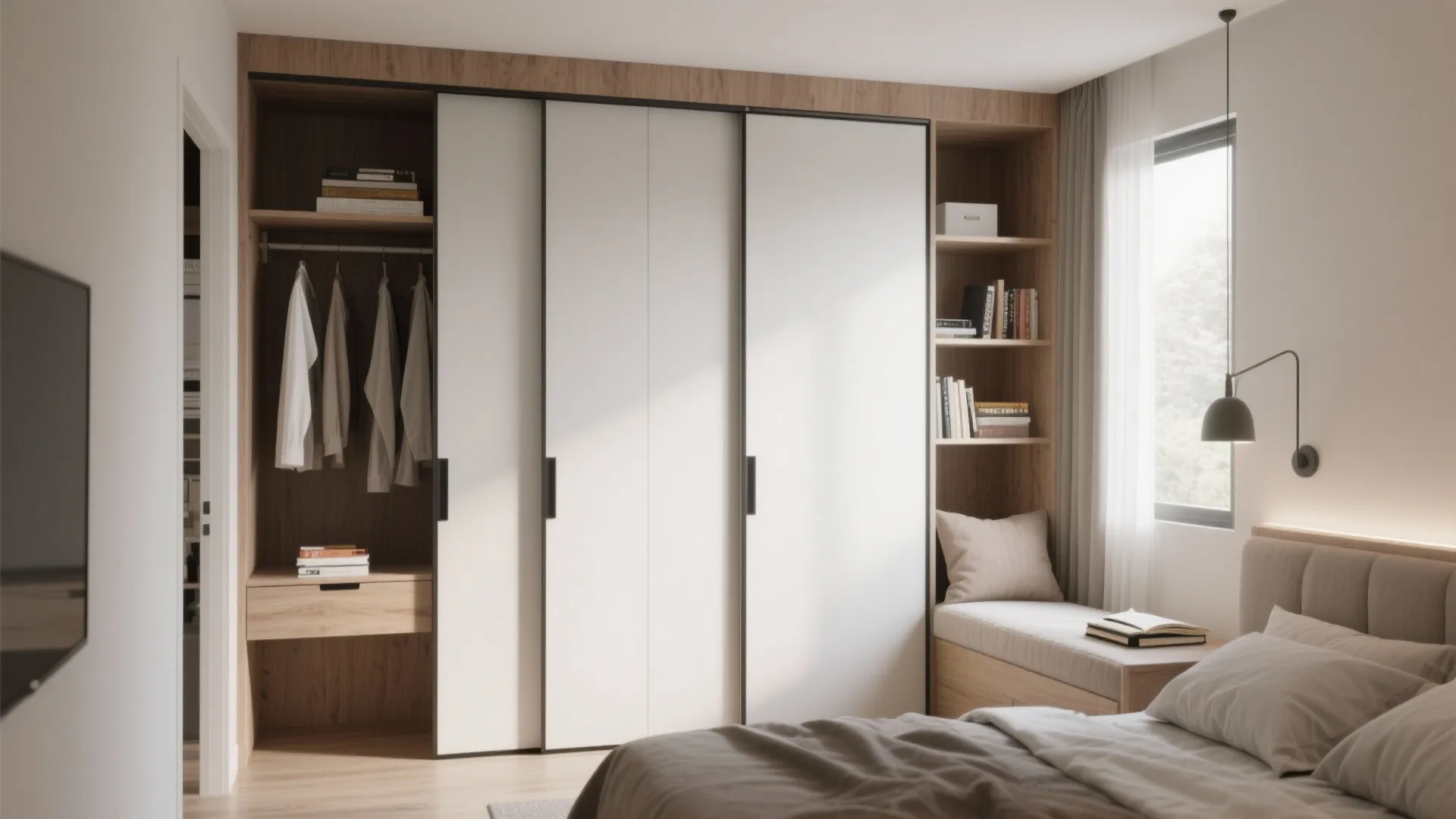 Minimalist bedroom with large white sliding cabinet doors next to a window and small sofa