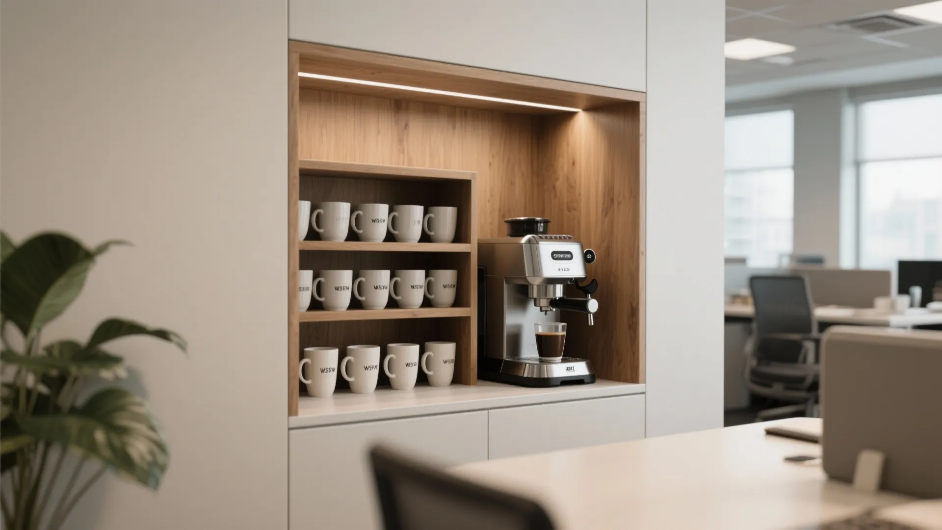 Built-in office coffee nook featuring wooden shelves with white mugs and a silver coffee machine