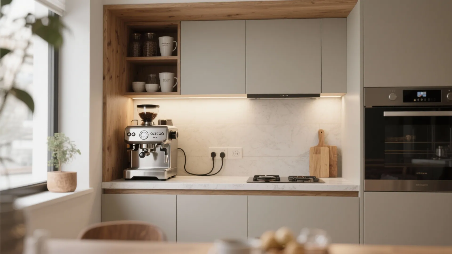 Built-in coffee station nook with espresso machine
