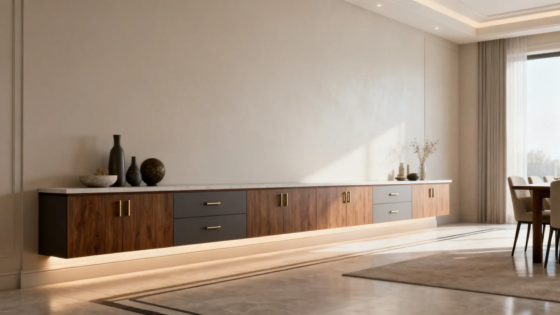 Long wall mounted cabinet with wood and grey doors under cabinet lighting and brown vases