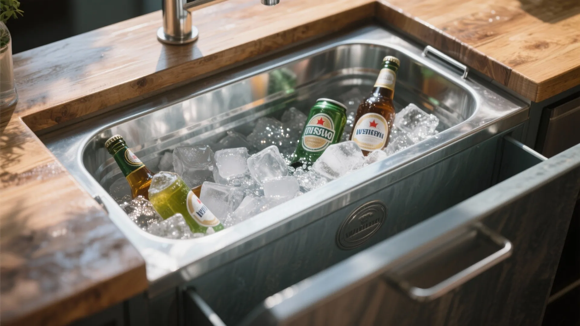 Close up of metal sink filled with ice cubes and drinks in a wood cabinet