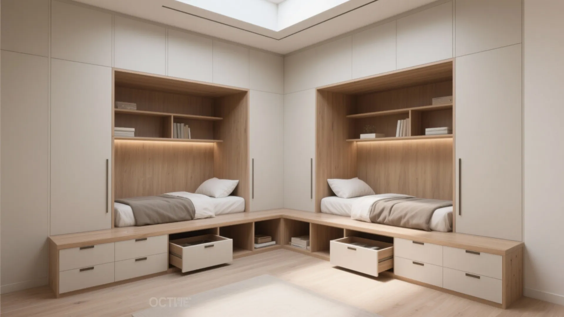 Modern shared kids bedroom with two built in wooden beds and white wall storage cabinets