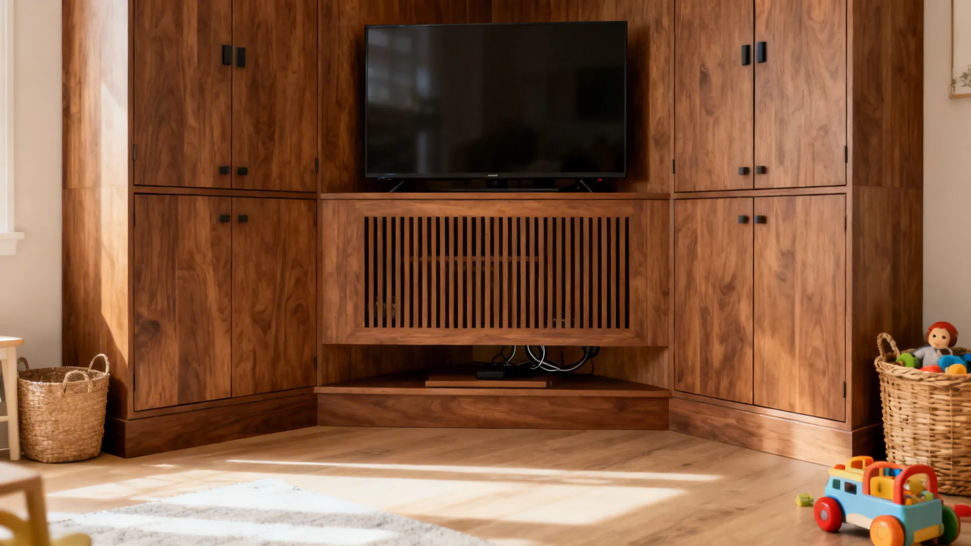 Custom built-in corner media cabinet with push-to-open doors and vented panels under a TV.