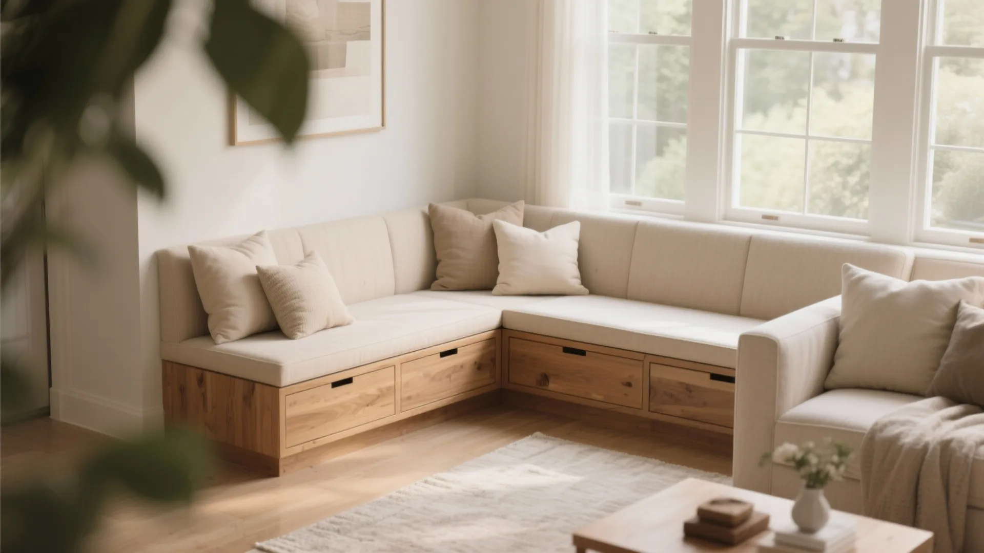 Modern wooden corner bench with white cushions pillows and storage drawers in a bright room