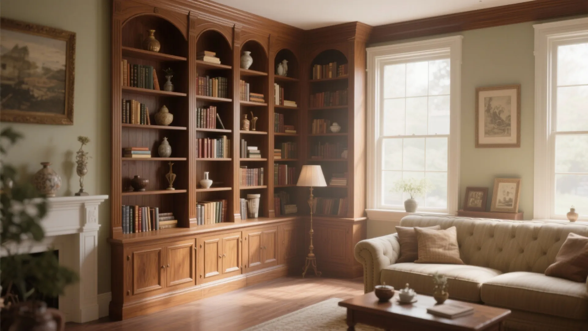 Built-in wooden corner bookcase in a cosy Victorian living room