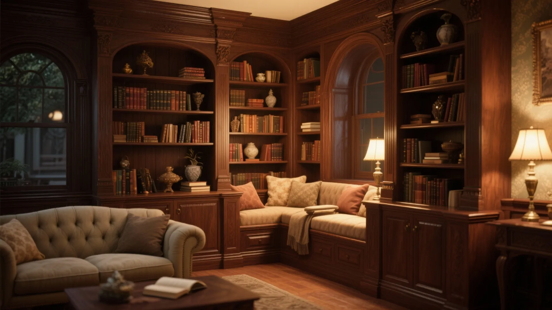 Classic dark wood study room with built-in bookshelves corner seating area and a comfortable sofa