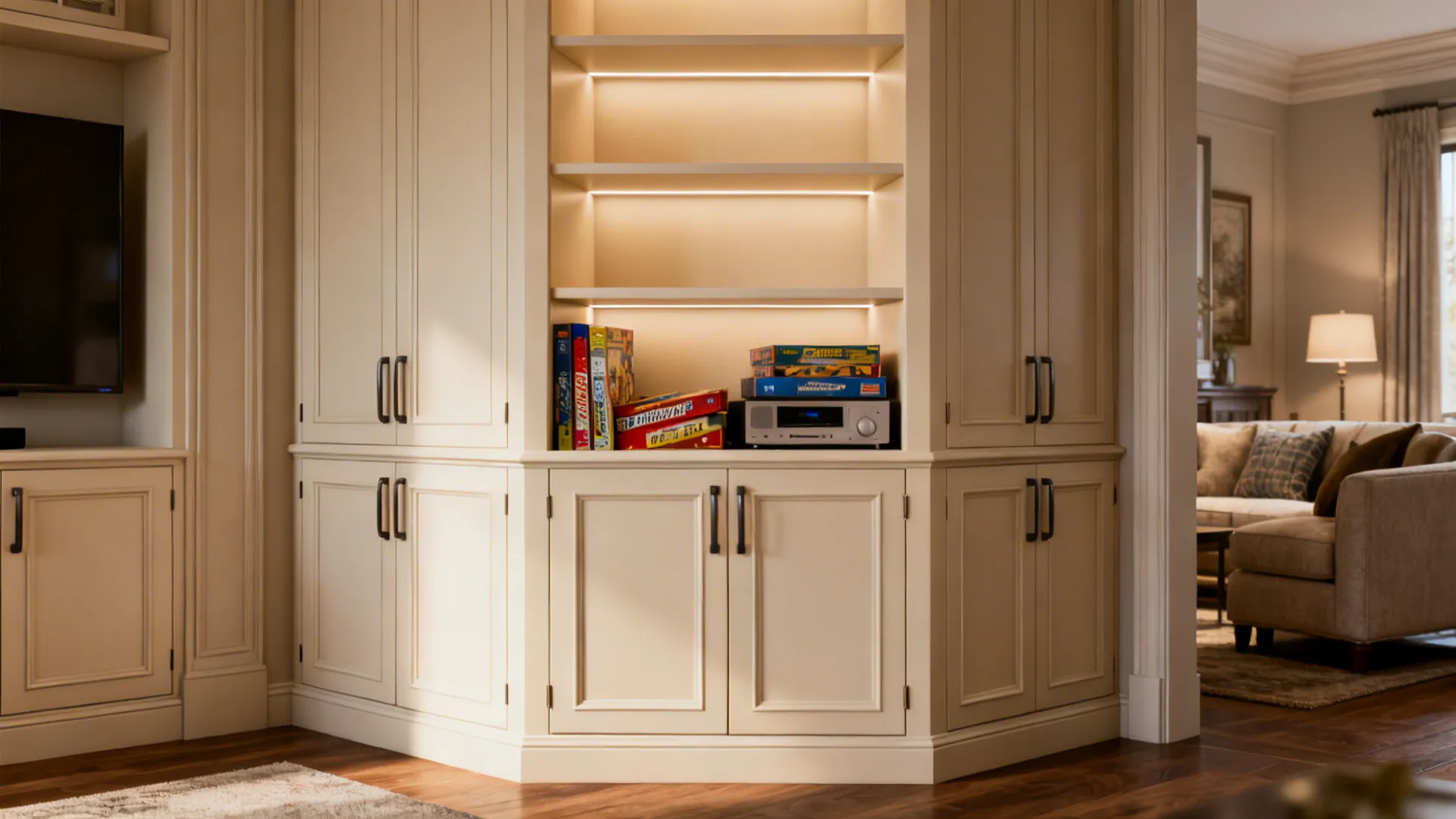 Large white built-in corner cabinet featuring open shelves with light fixture in a living room