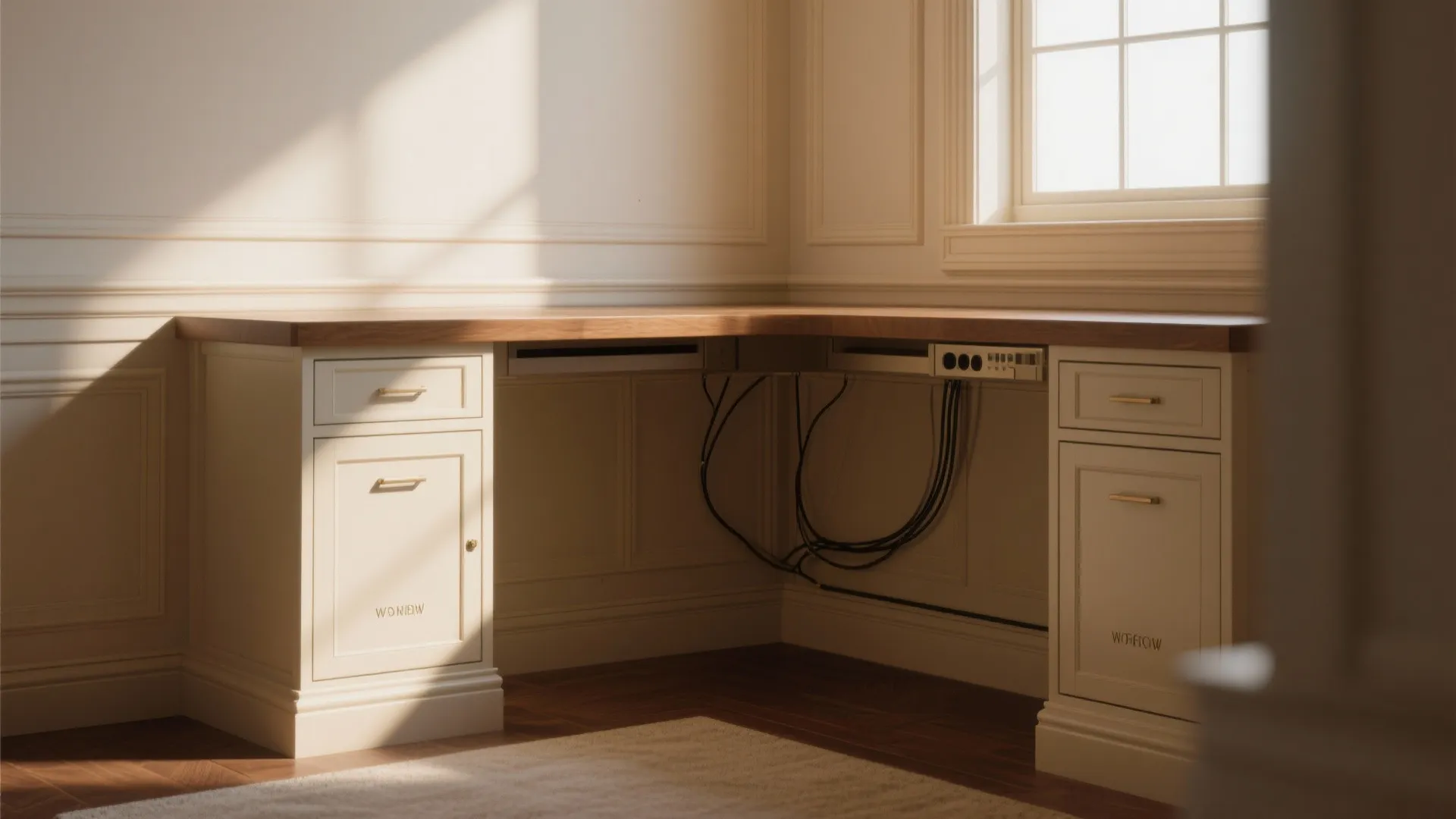 Corner wooden desk with cream cabinets white wall panel and window with bright natural sunlight