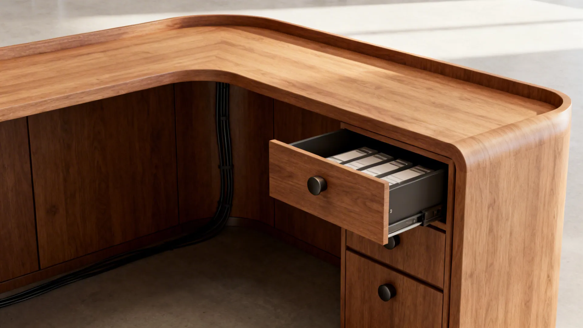 Custom built-in L-shaped corner desk with integrated filing drawer and continuous wood top.