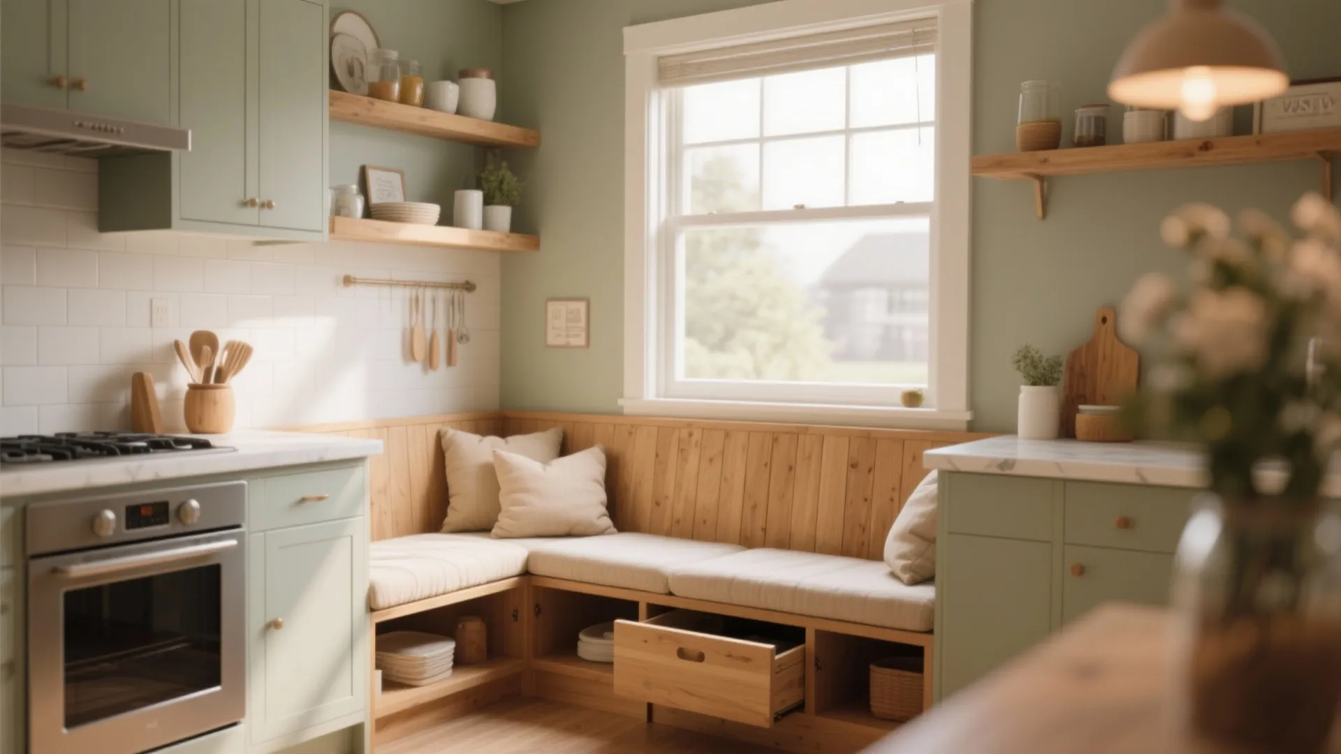Wooden bench seating under a corner kitchen window with cushions and storage
