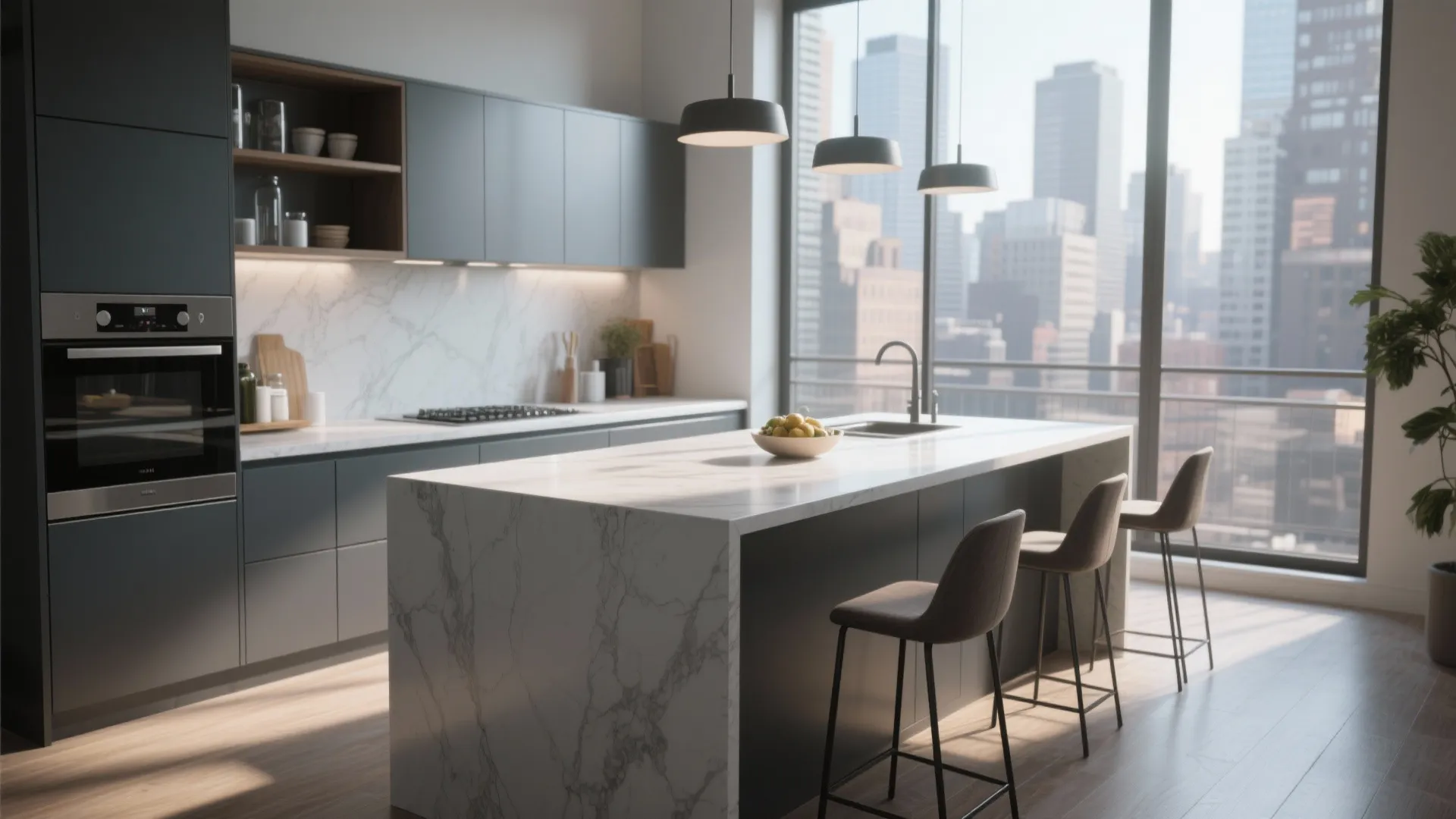 Modern apartment kitchen with marble island stools grey cabinets oven and large windows with city view