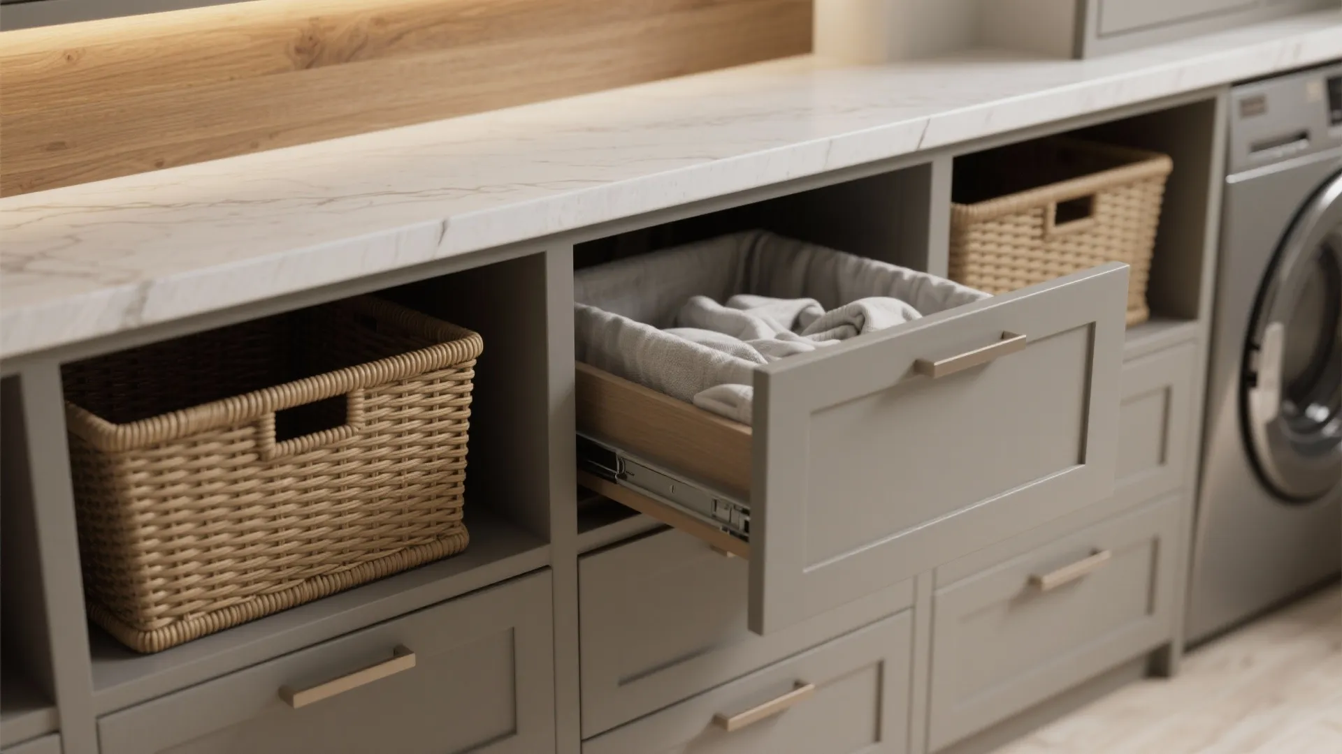 2. Built-in cubbies with pull-out baskets