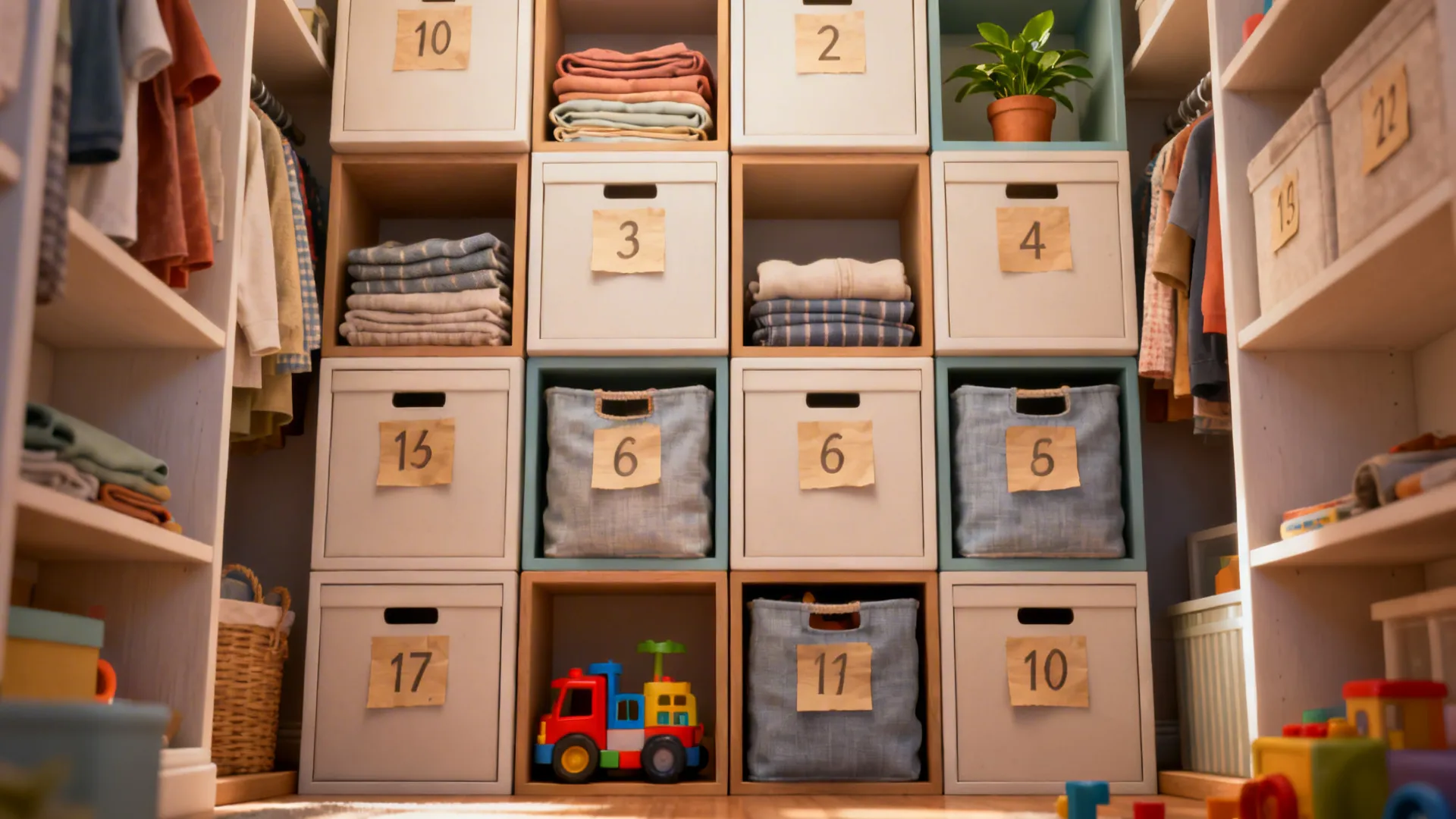 Closet storage wall with numbered boxes containing folded clothes and colorful toys for young kids