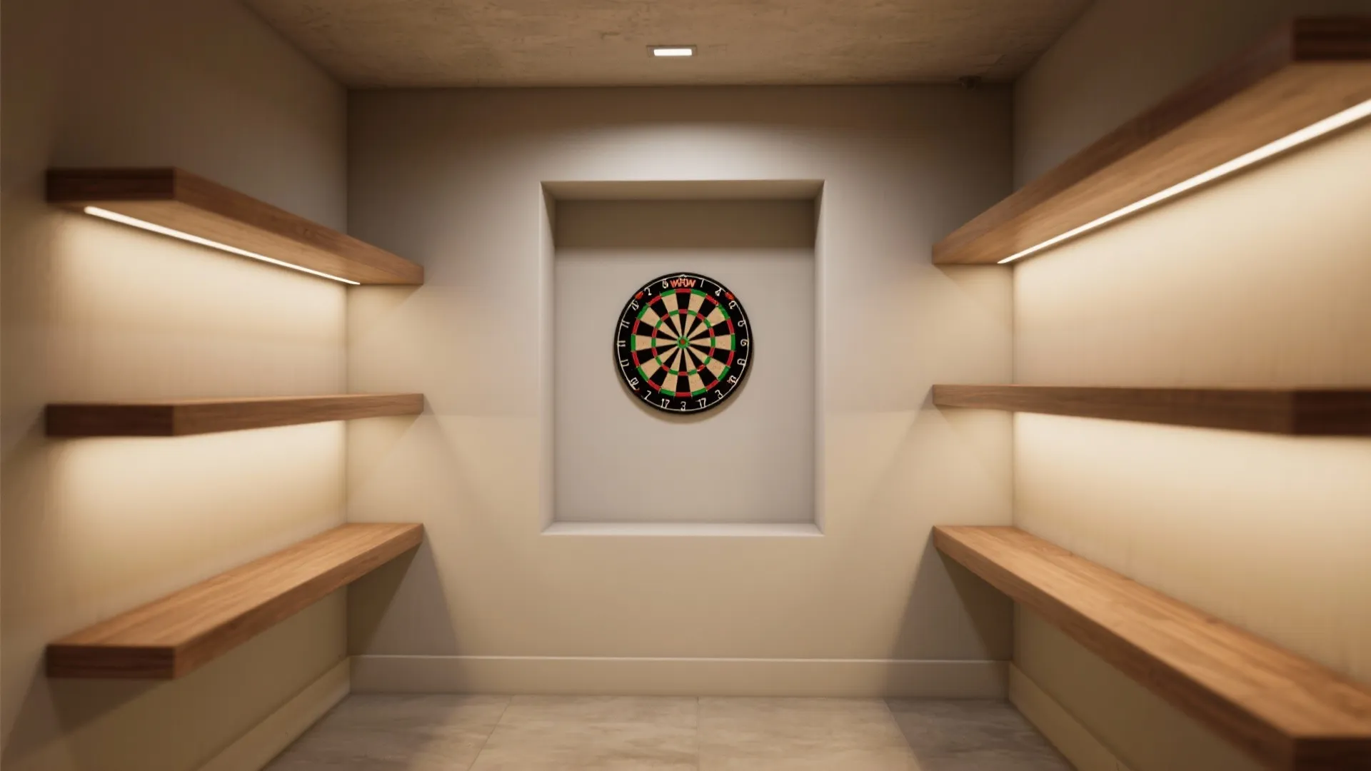Minimalist room design with a dartboard in a center niche and lighted wooden side shelves