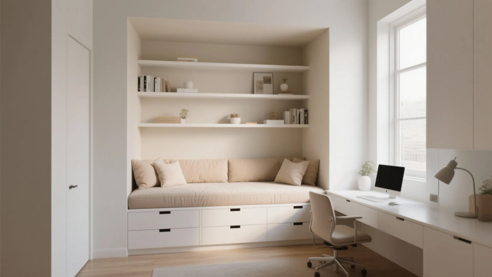 Modern home office with built in daybed storage shelves white desk chair and large window