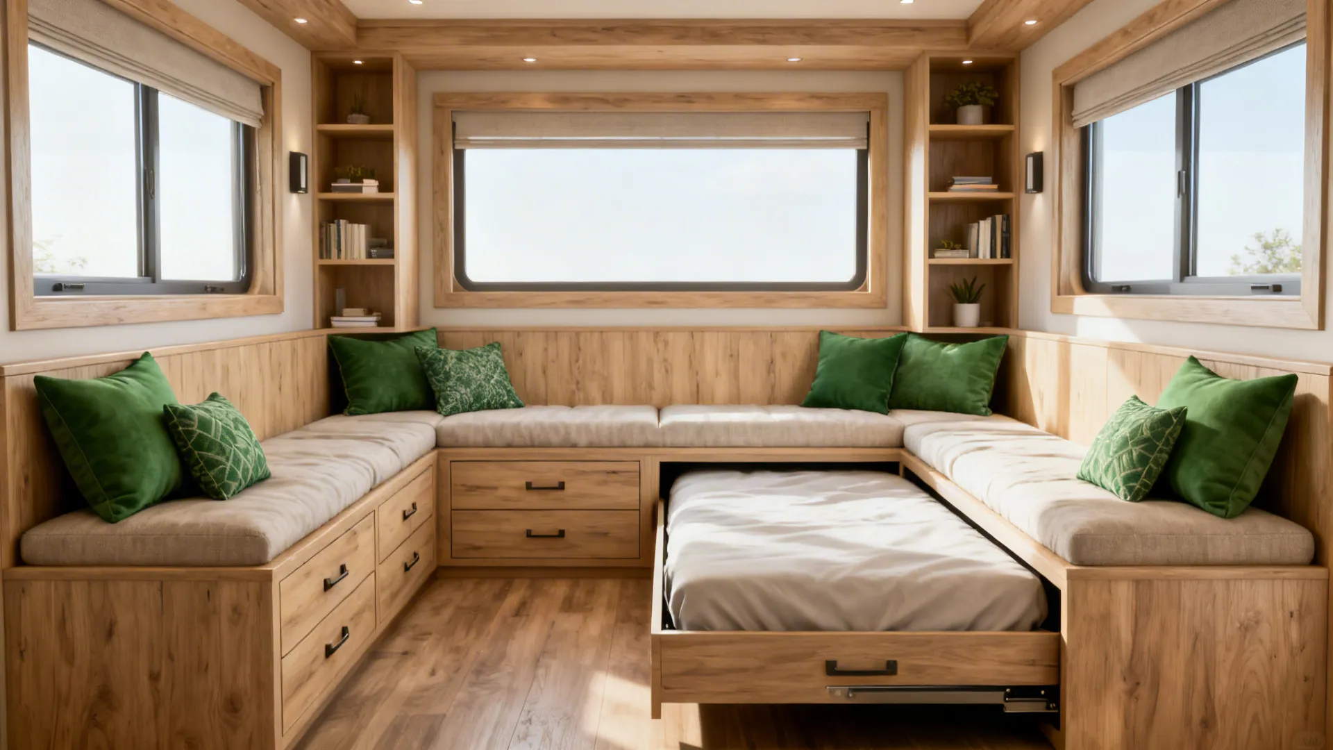 Built-in wooden sofa with green pillows and pull-out bed in a bright sunlit cozy room