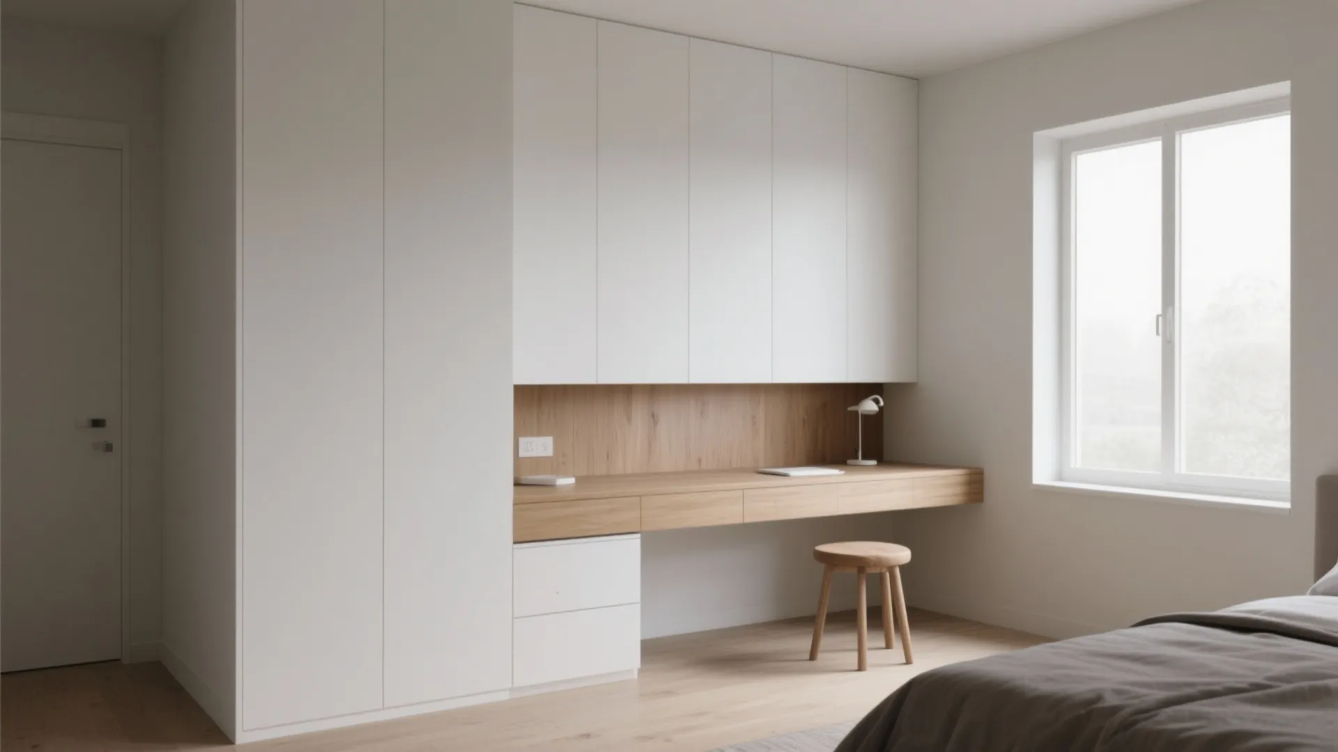 Minimalist white bedroom featuring a built in wooden desk with drawers and a small stool