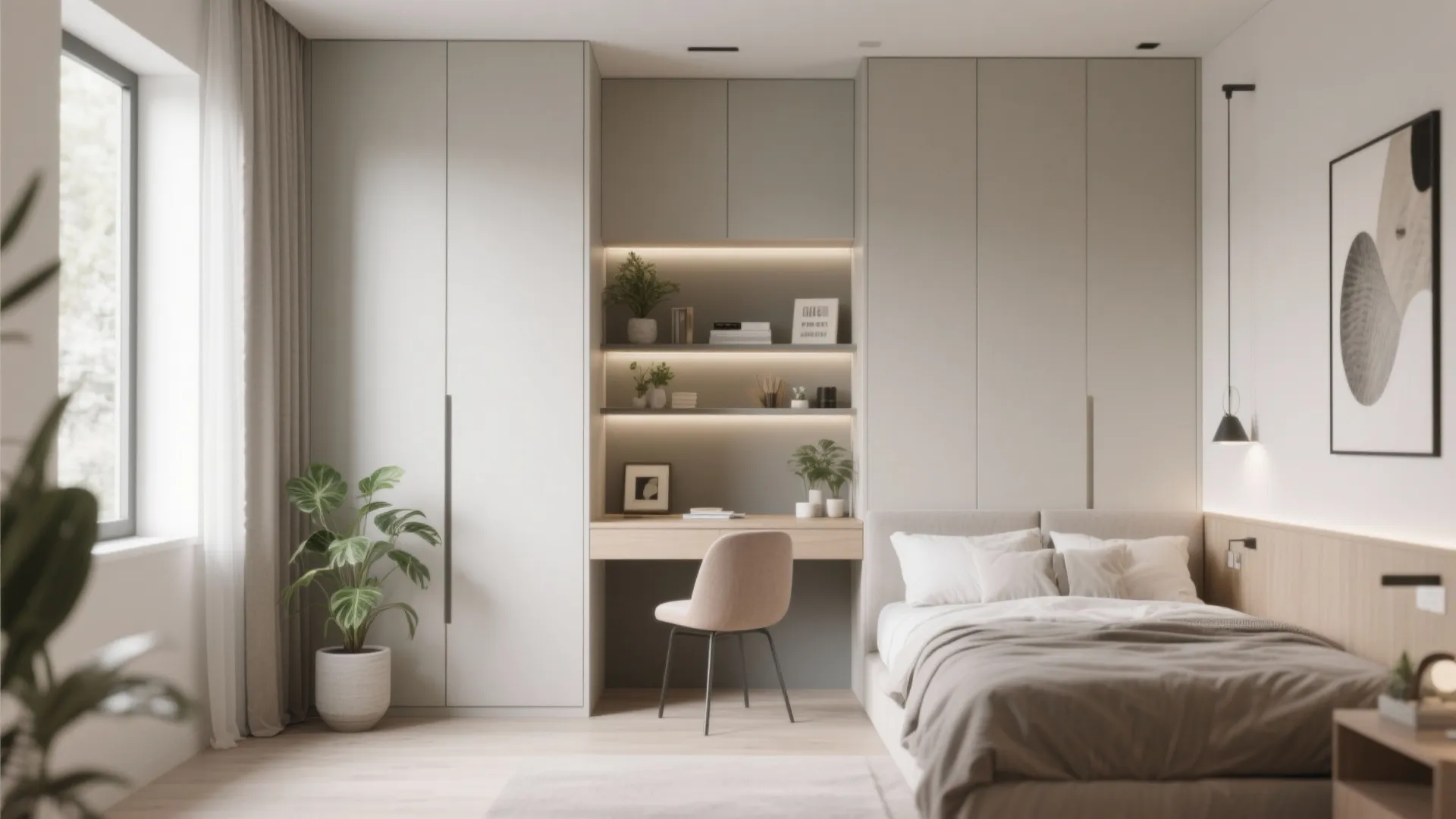 Built-in work desk seamlessly part of bedroom wardrobe