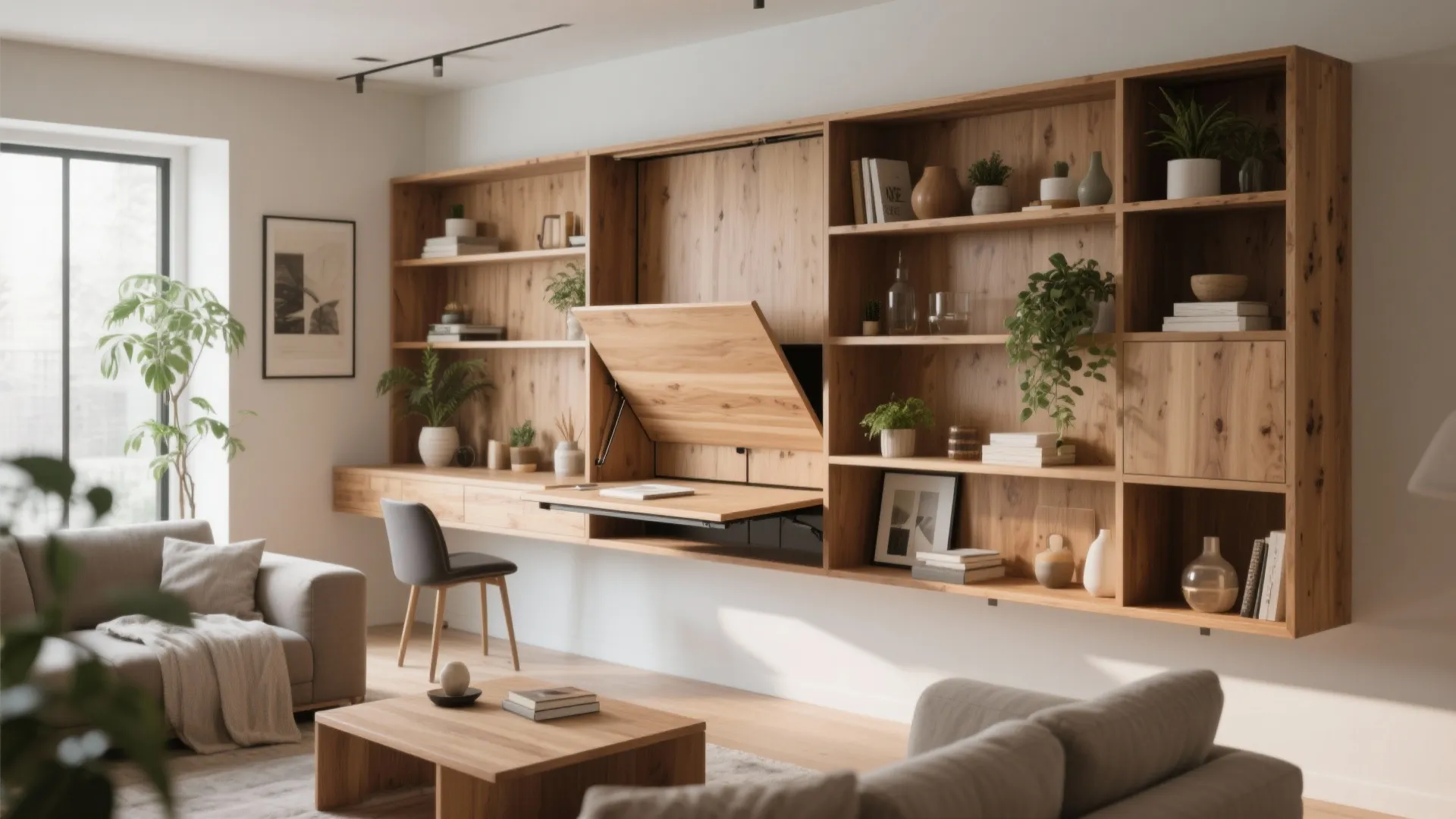 Living room with wooden wall shelves featuring a foldable desk area chair and green plants
