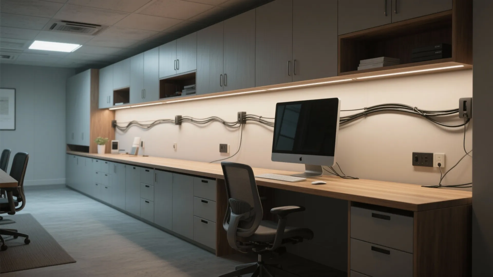 Long wooden built-in desk with grey cabinets above plus a computer and a grey chair