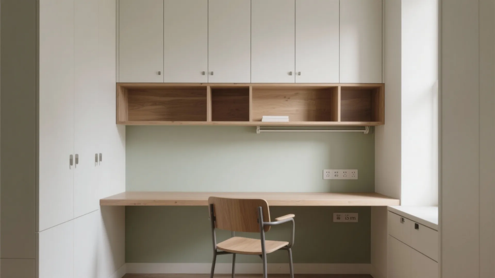 Built-in wall desk with a closed–open rhythm