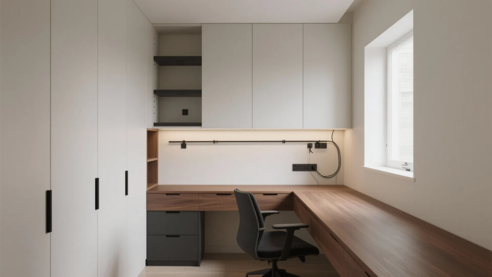 Built-in Wall-to-Wall Desk with Vertical Storage