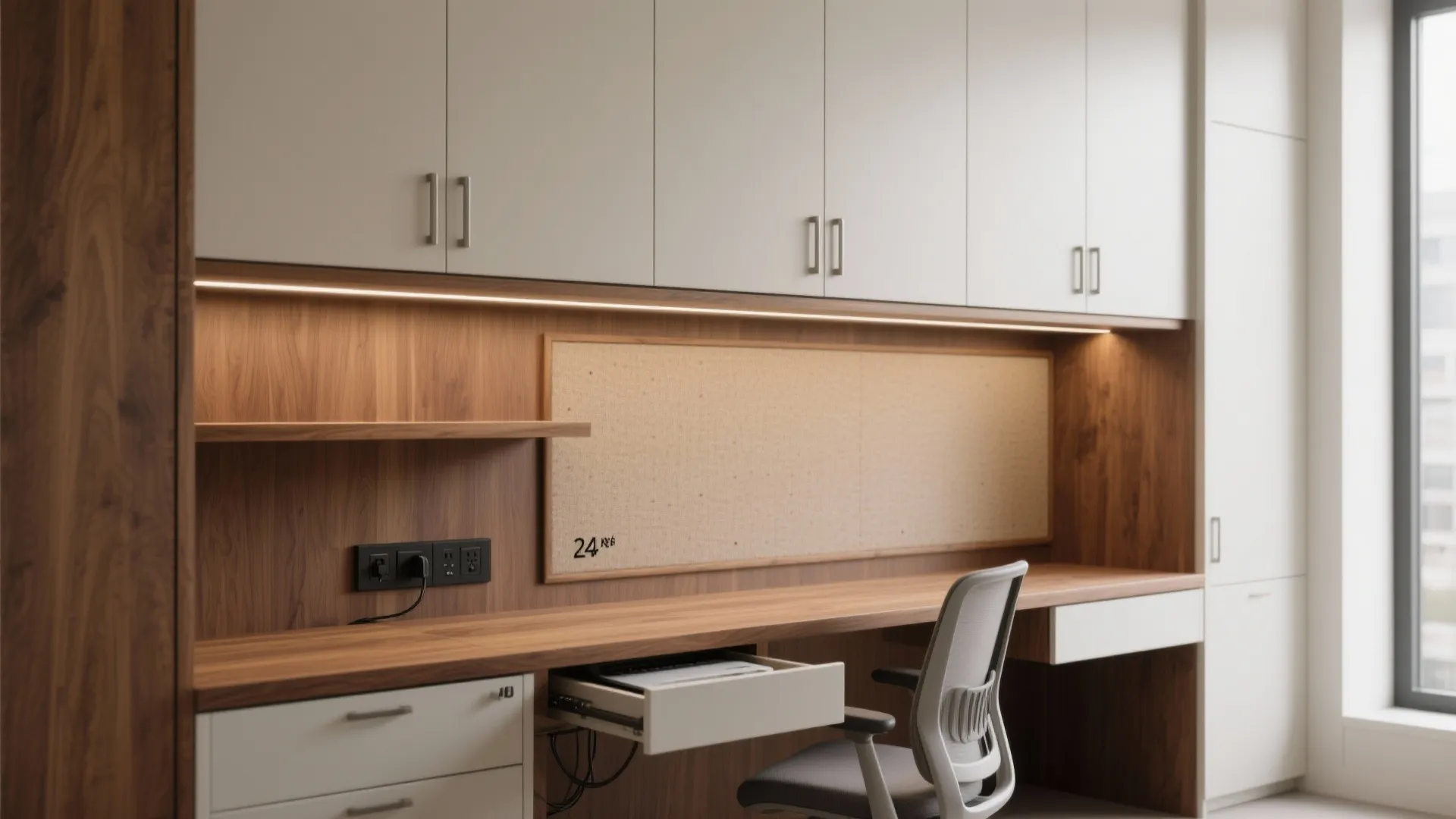Long wooden built in desk with white cabinets grey office chair pin board and warm lighting