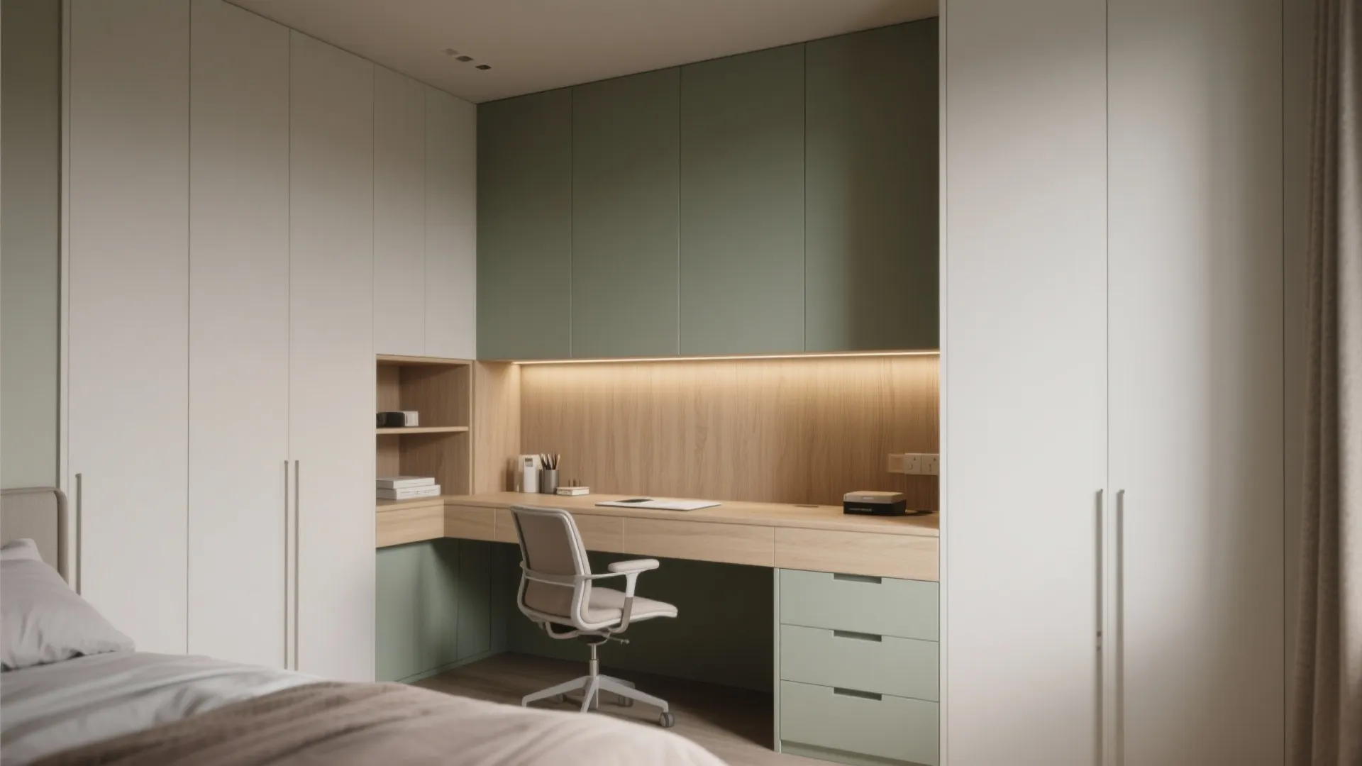 A built-in desk recessed into wardrobe cabinetry, with coordinated finishes and hidden storage in a small bedroom.