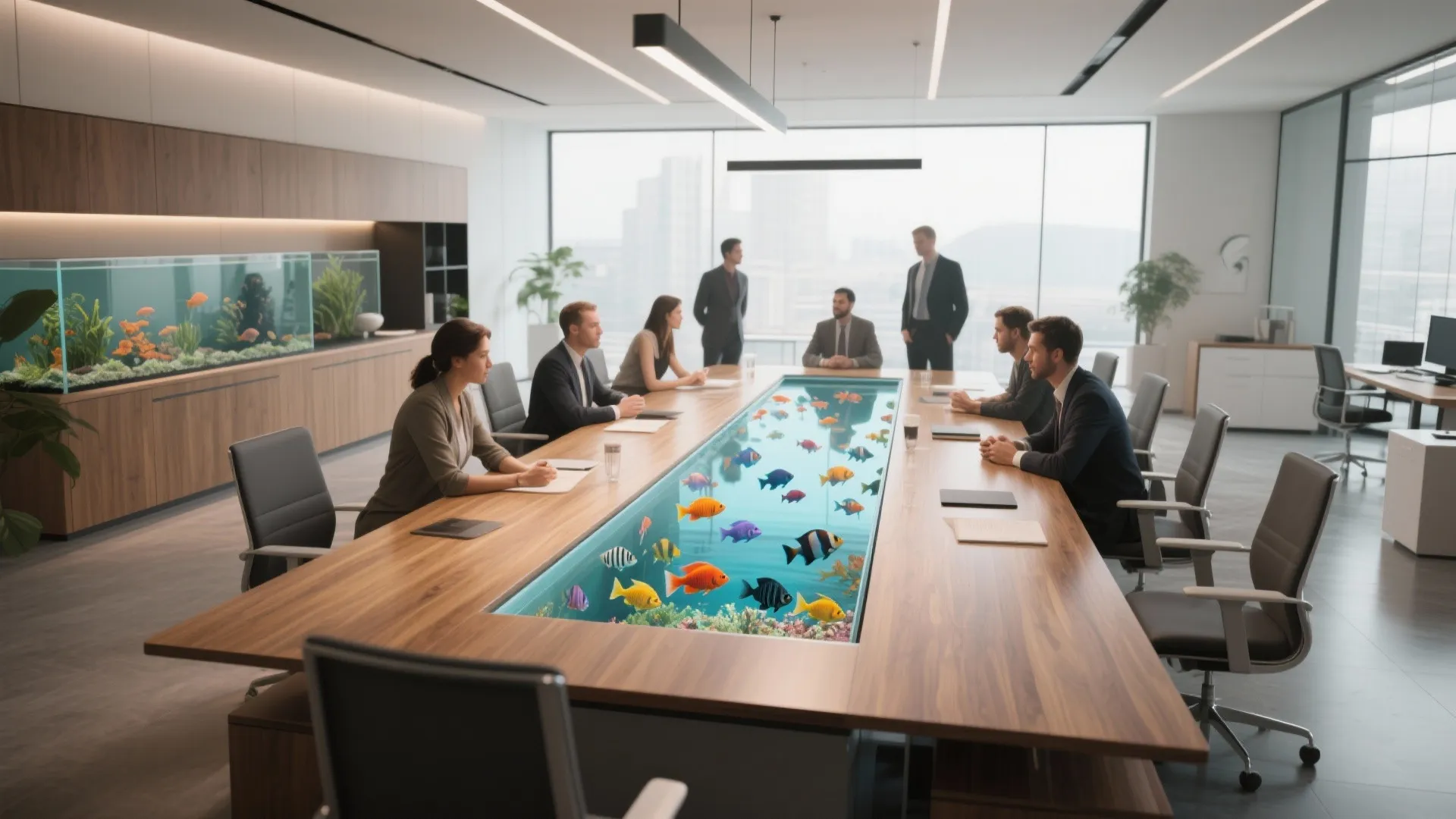 Long wooden conference table with built-in glass fish tank center showing colorful fish during office meeting