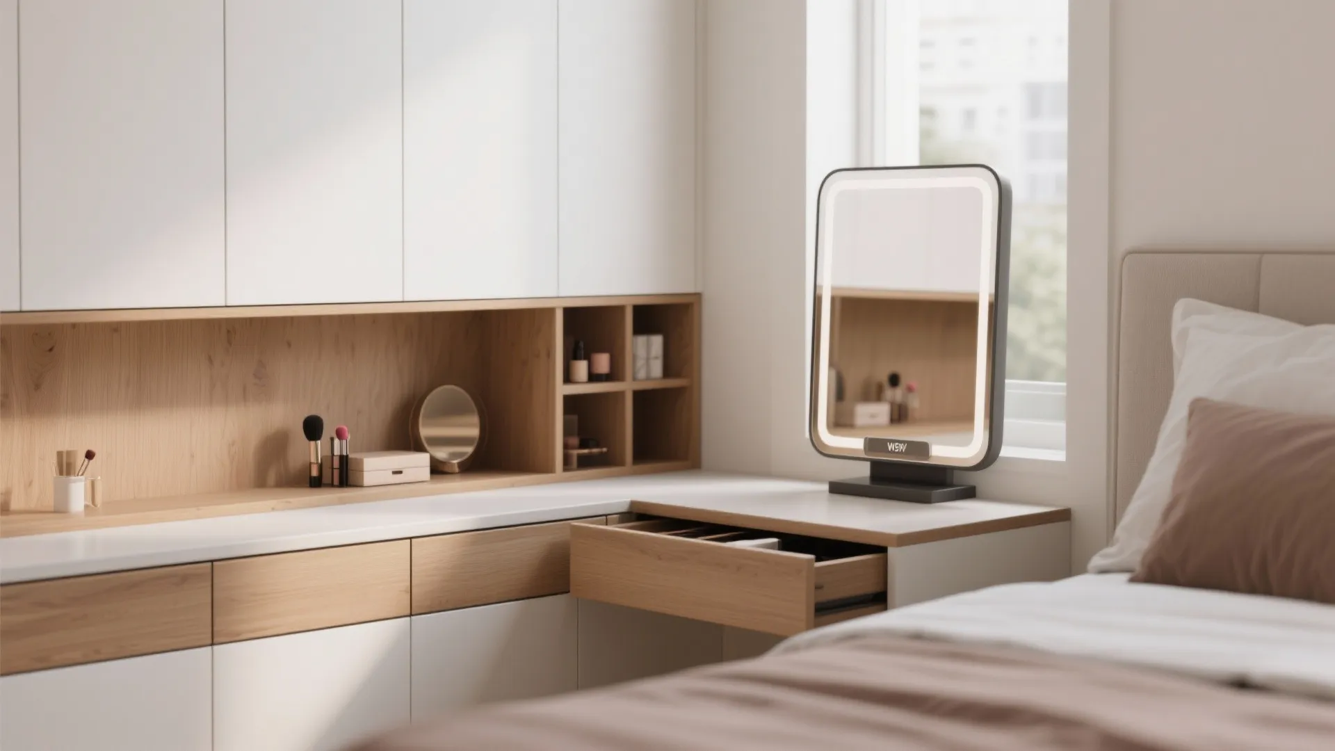 White and wood built-in desk with open drawers and lighted makeup mirror in modern bedroom