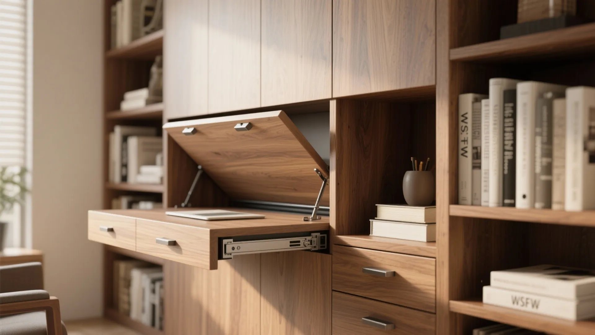 Wooden built-in desk with a fold-out tabletop and laptop integrated into a large wall cabinet