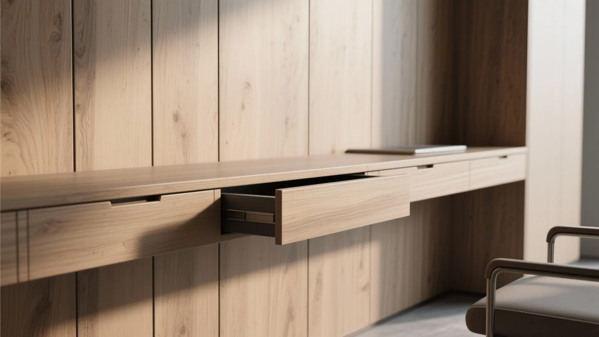 1. Built-in Desk Drawers Behind Paneling