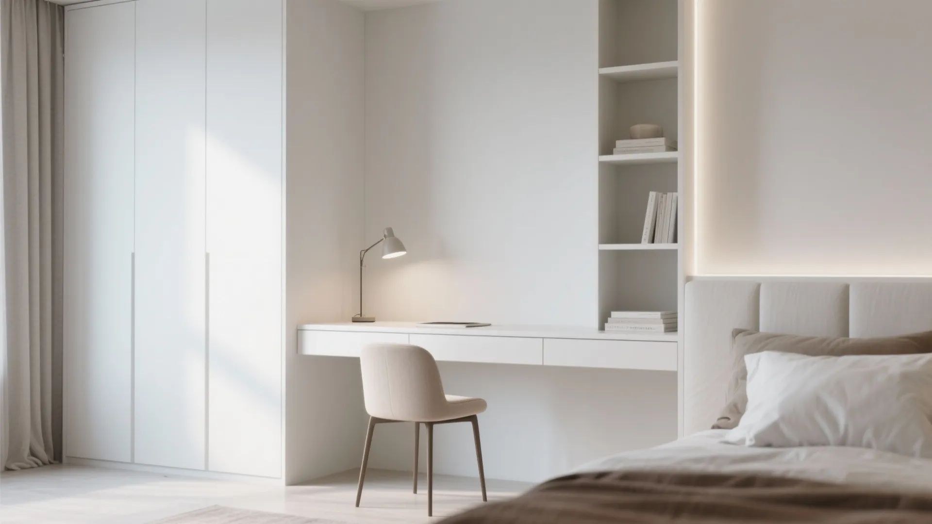 Minimalist white bedroom featuring built-in desk with table lamp, chair, shelves, and white wardrobe cabinets