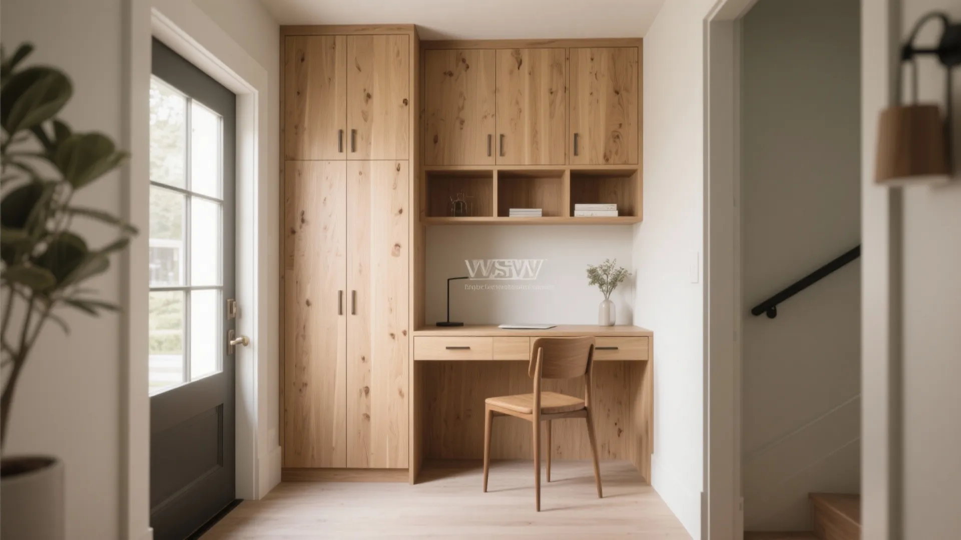 Built-in wooden desk nook with matching cabinets and chair next to a glass panel door