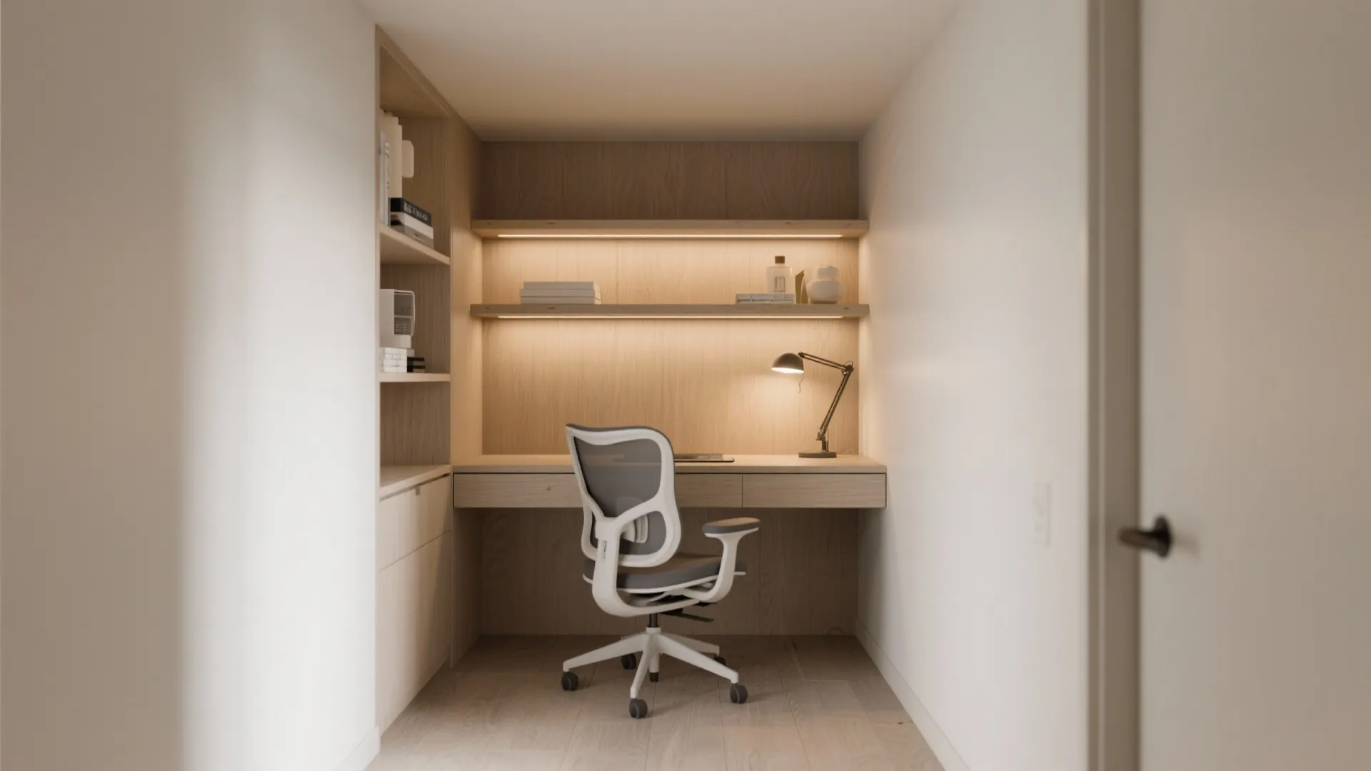 Modern small wooden home office nook with built-in desk white chair shelving and warm light