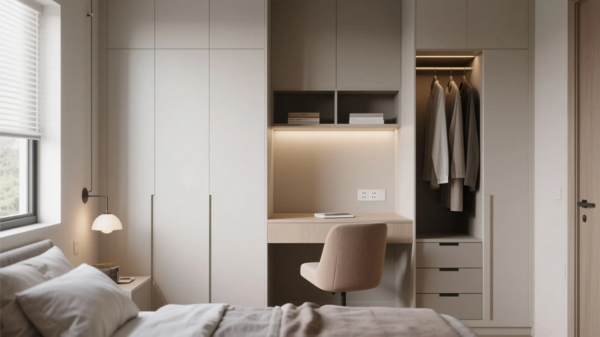 Modern bedroom with built-in desk inside white cabinet system beige chair wall light and wardrobe