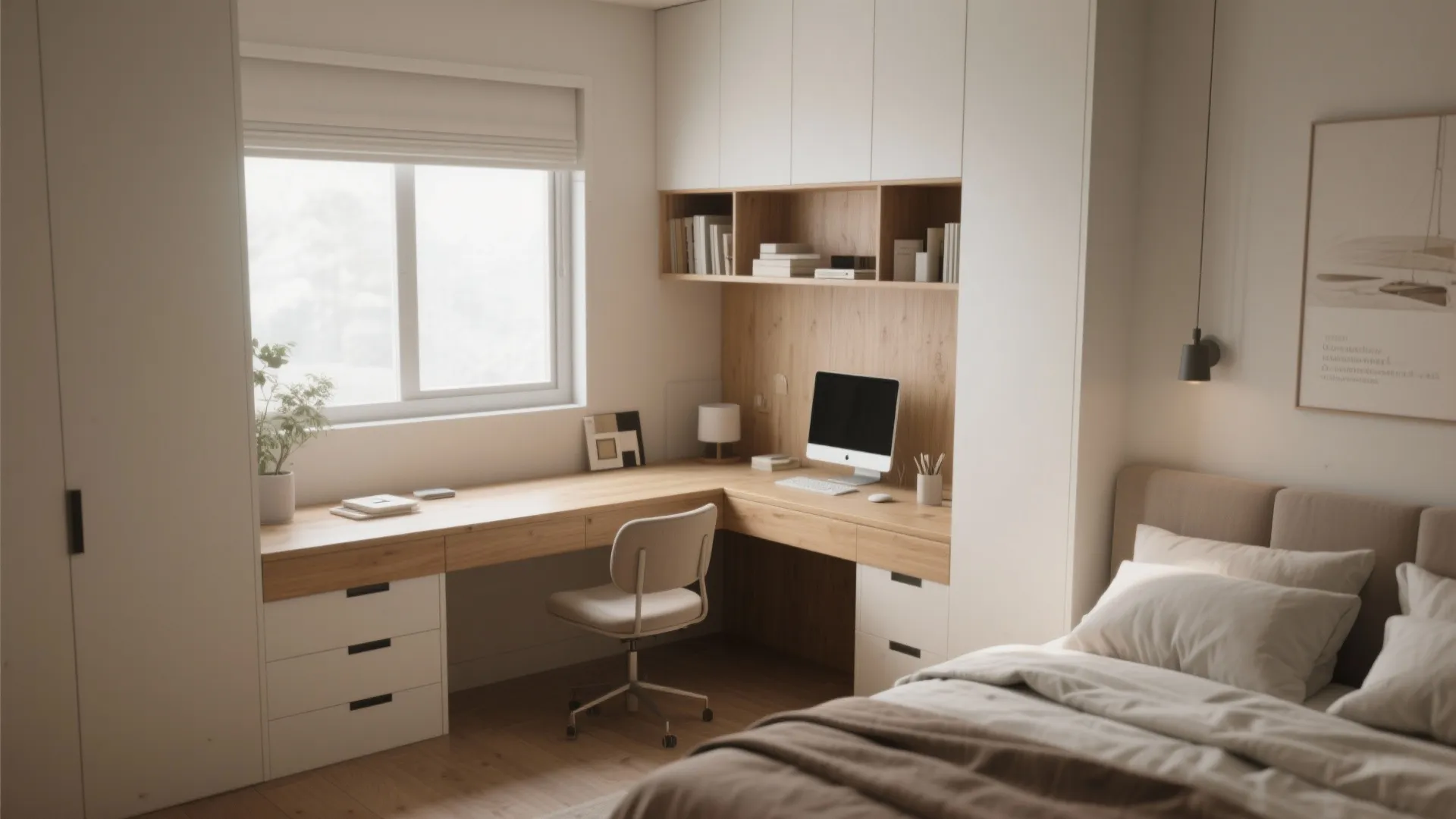 Bedroom with built in wooden desk nook under white cabinets featuring a computer and chair