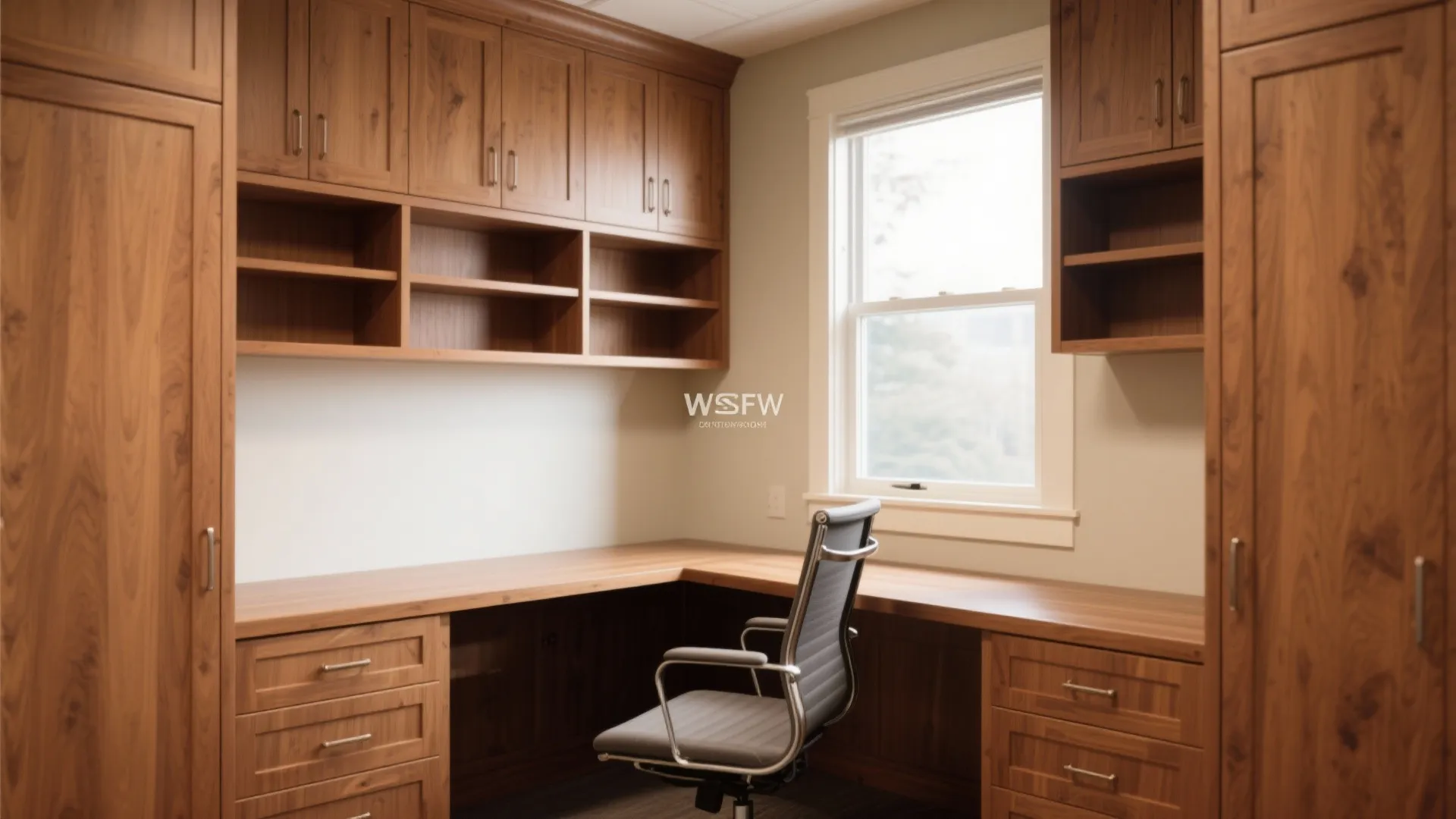 Wooden built-in desk with wall cabinets and shelves in a bright home office room layout