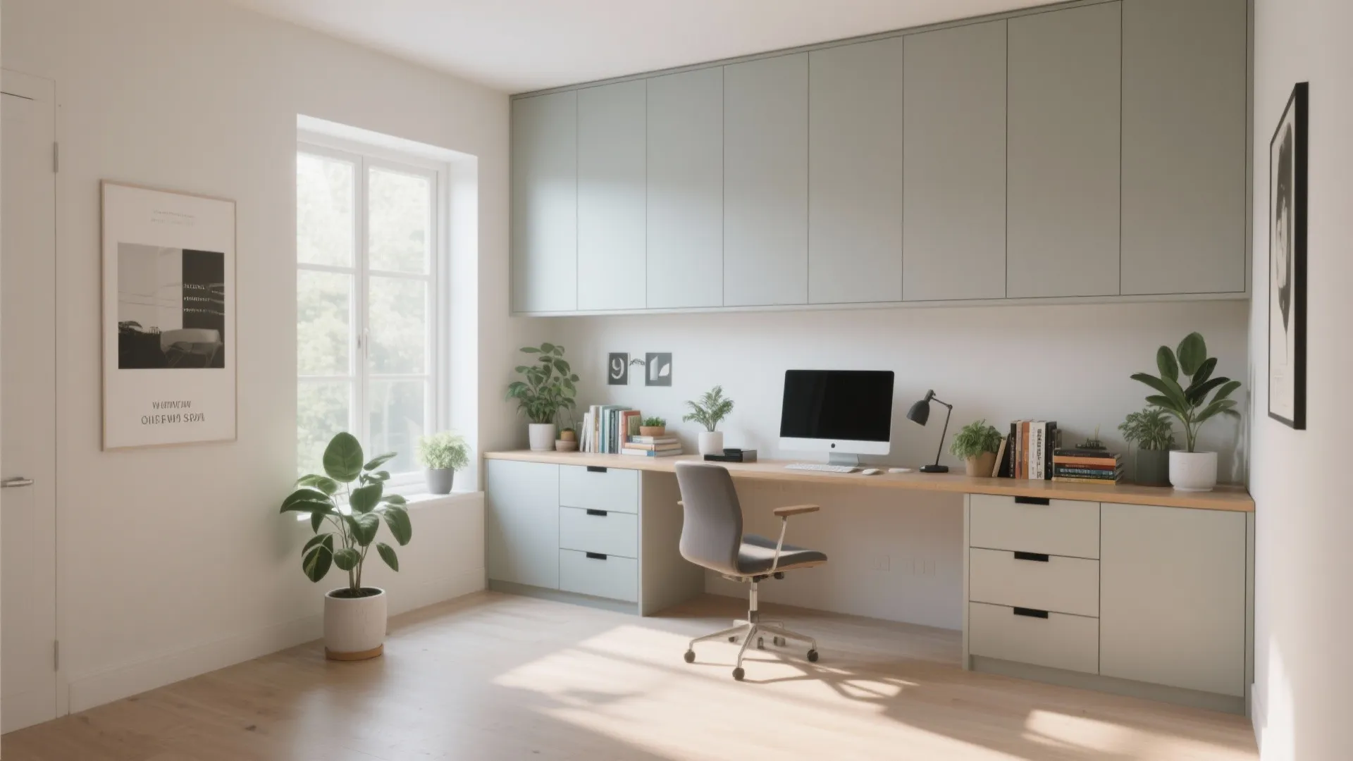 Modern home office with light green cabinets long wooden desk grey chair and indoor green plants
