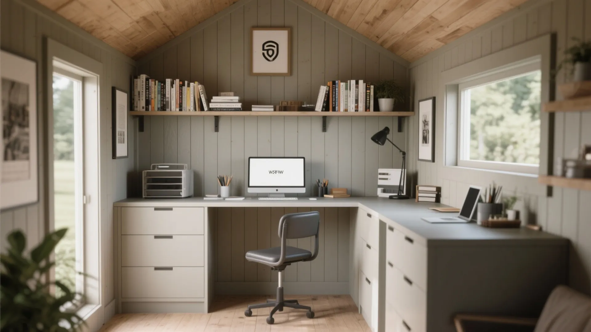 Modern garden shed office with built in desk wooden wall panels computer and shelving unit