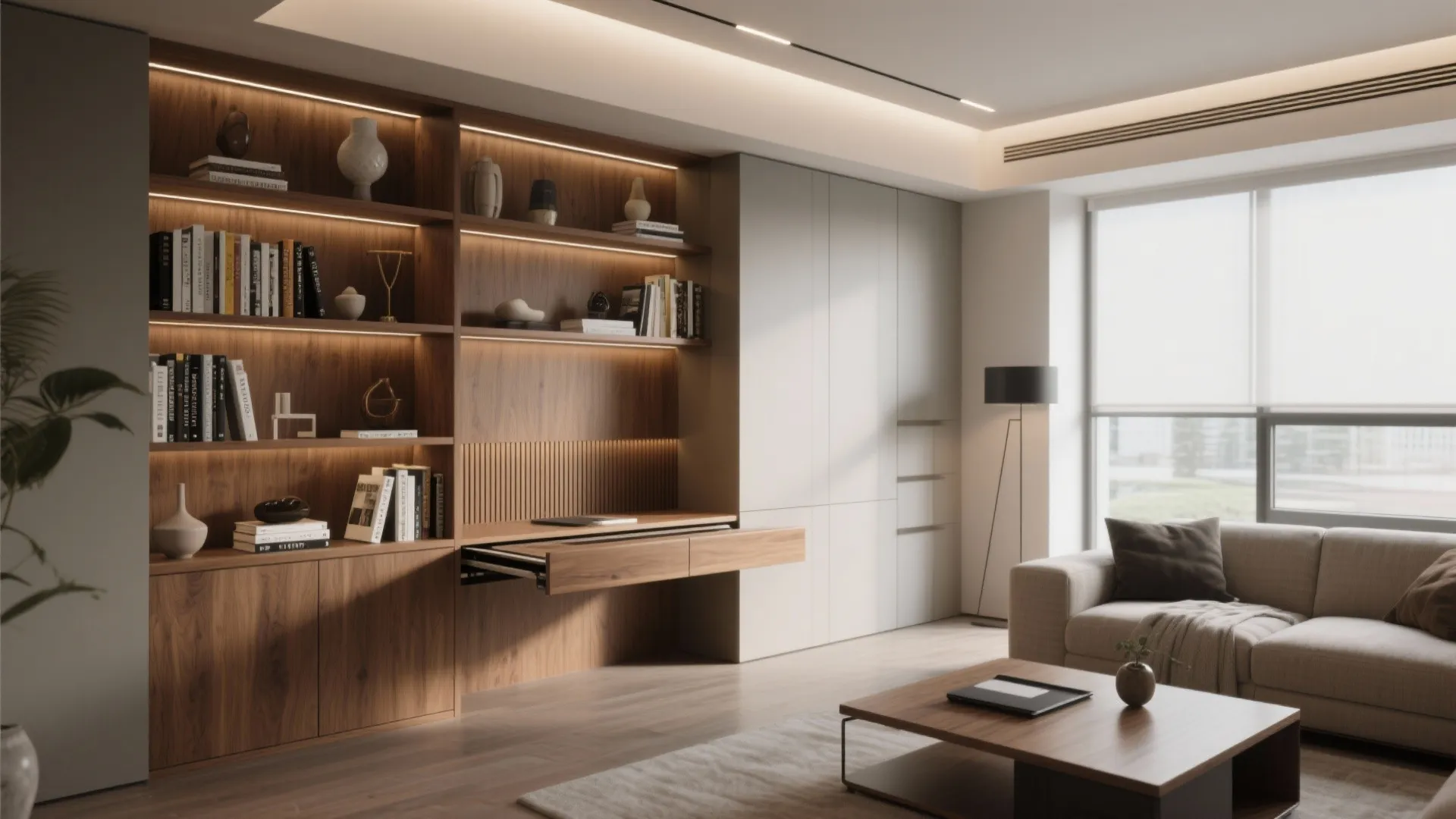 Living room featuring a large wooden wall cabinet with built in desk and light strips