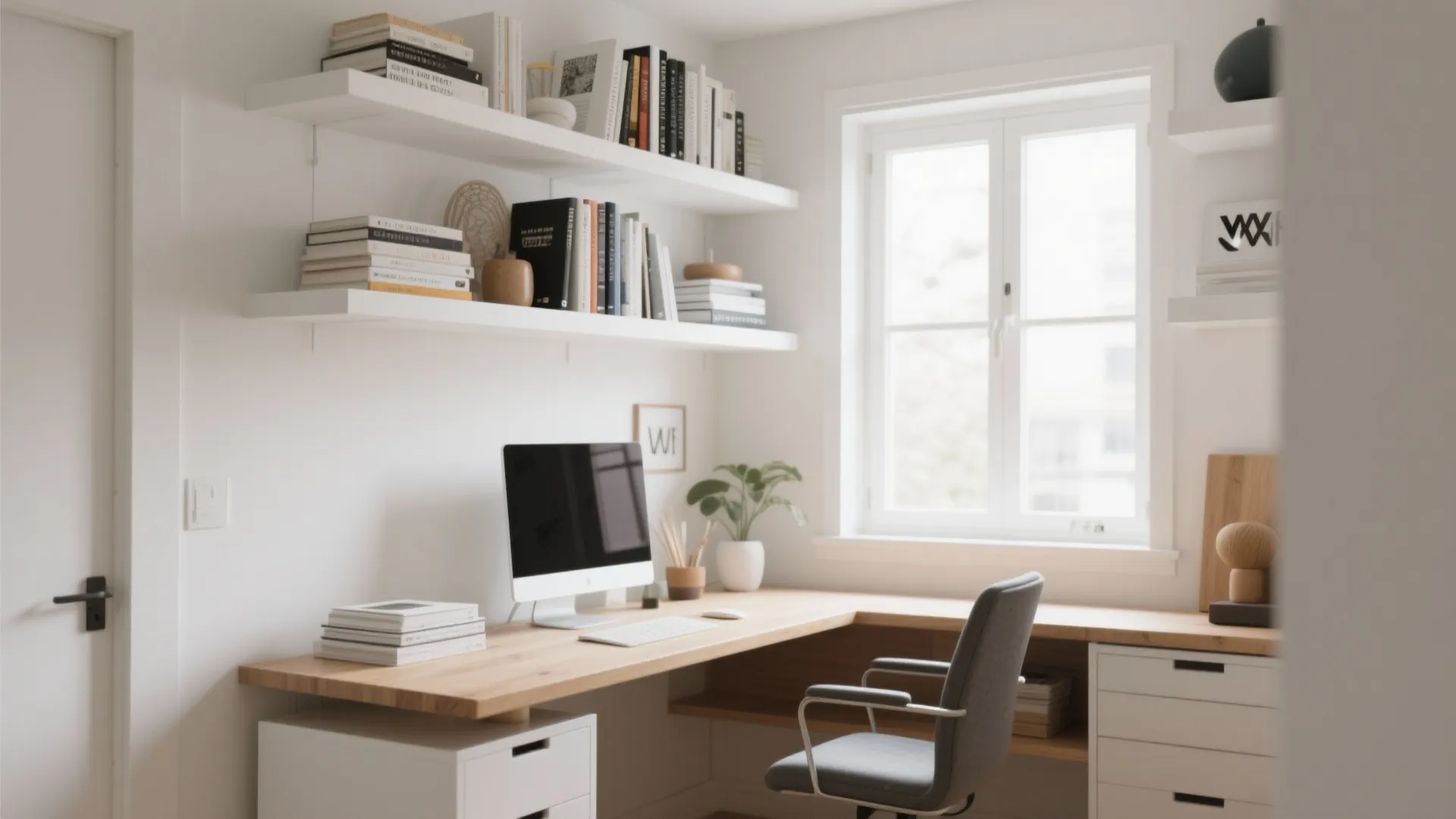 3. Built-in Shelving Above the Desk