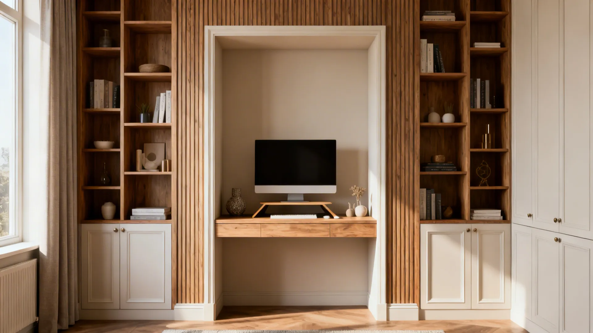 Recessed desk framed by built-in shelving with mixed storage and styling, creating a focused work bay.