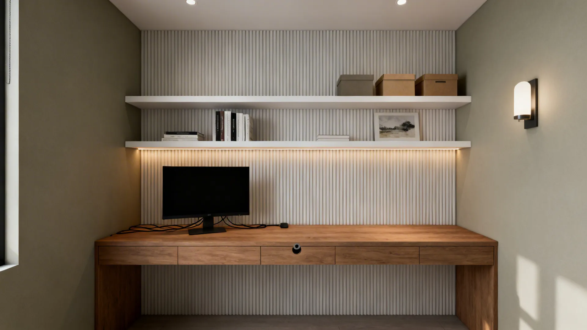 Built-in desk wall with layered lighting