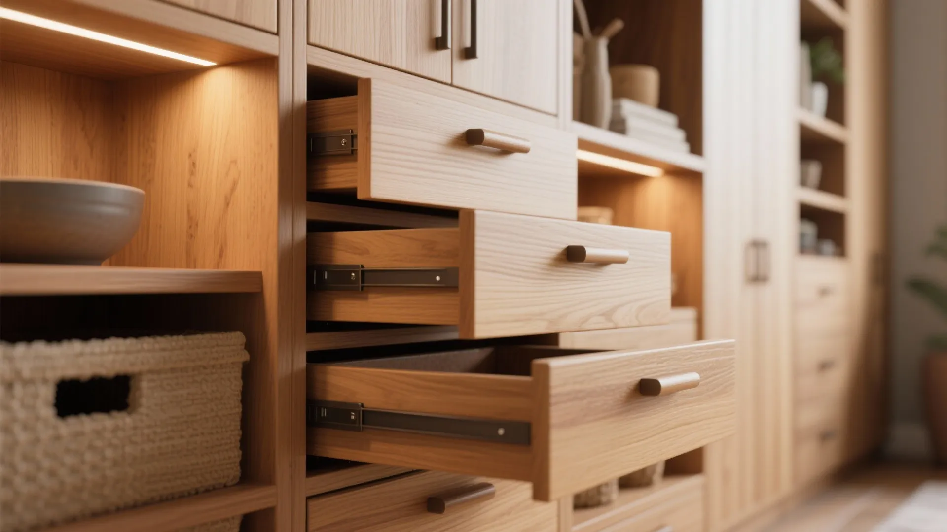 Close-up of built-in cabinetry and storage details in a bungalow interior