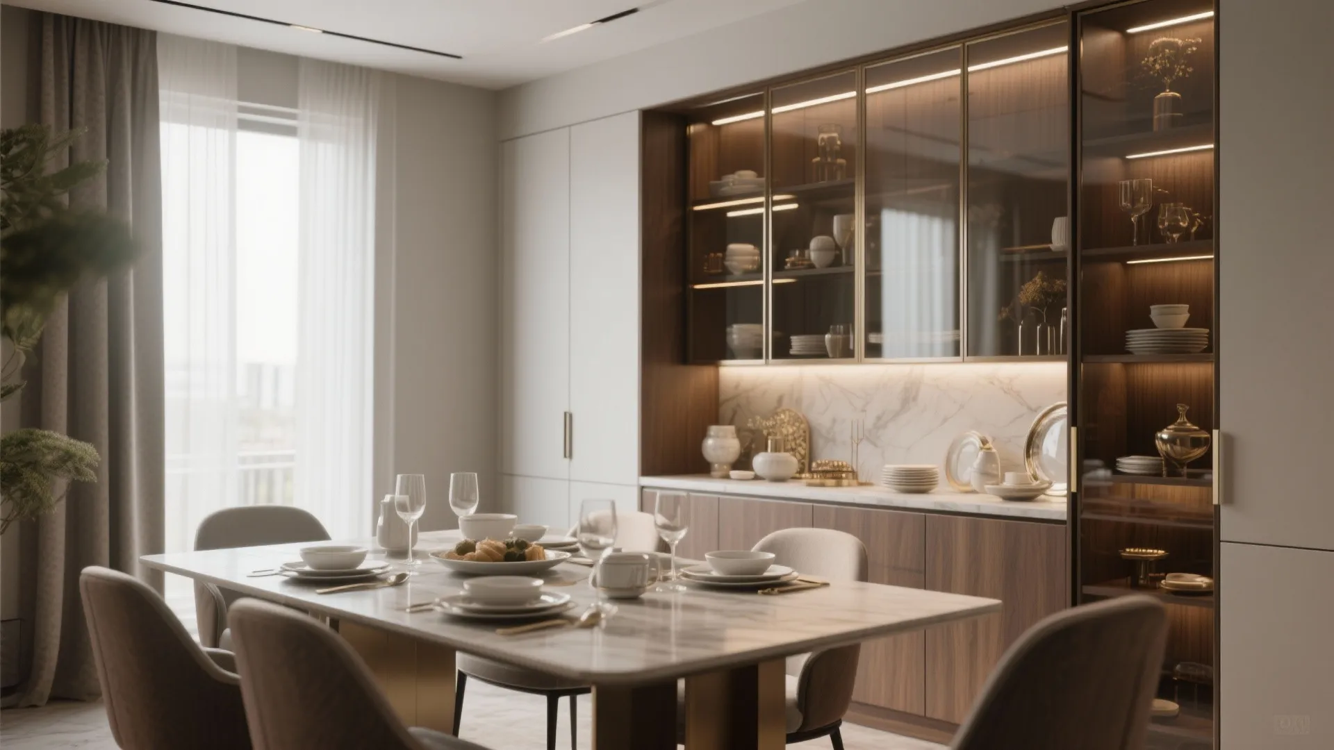 Modern dining room featuring marble table with chairs and large wooden wall cabinet for storage display