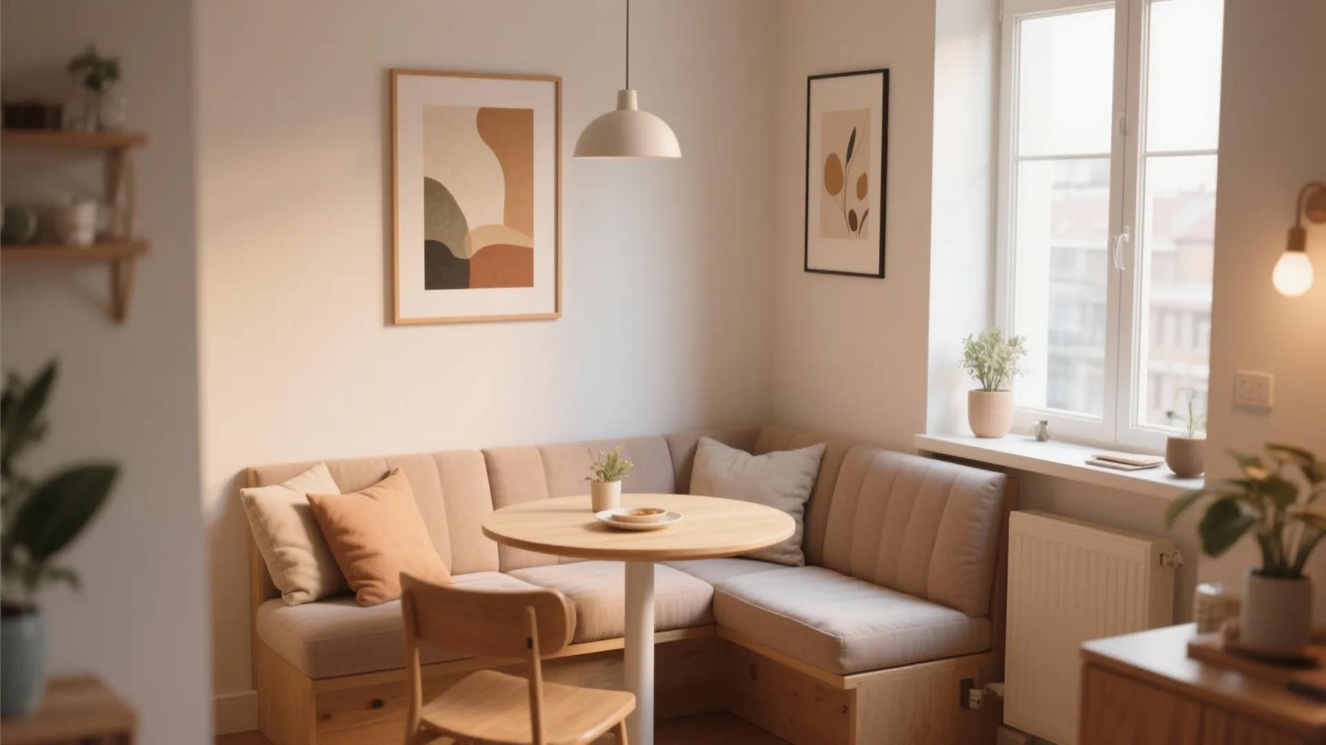 Built-in corner dining nook with cushioned seating