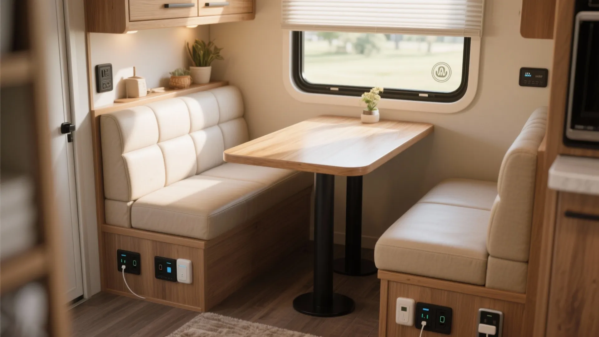 Compact dining area featuring wooden table built in seating with cushions and small window with blinds
