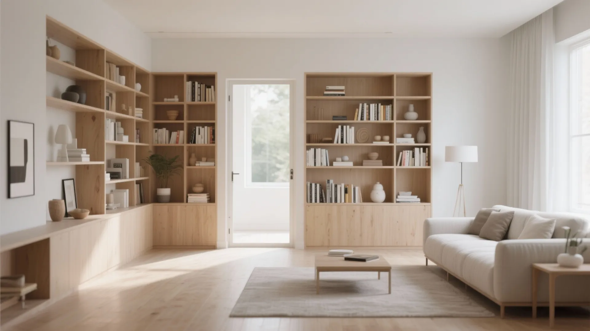 Modern living room with white sofa and floor to ceiling wooden bookshelf surrounding a central door