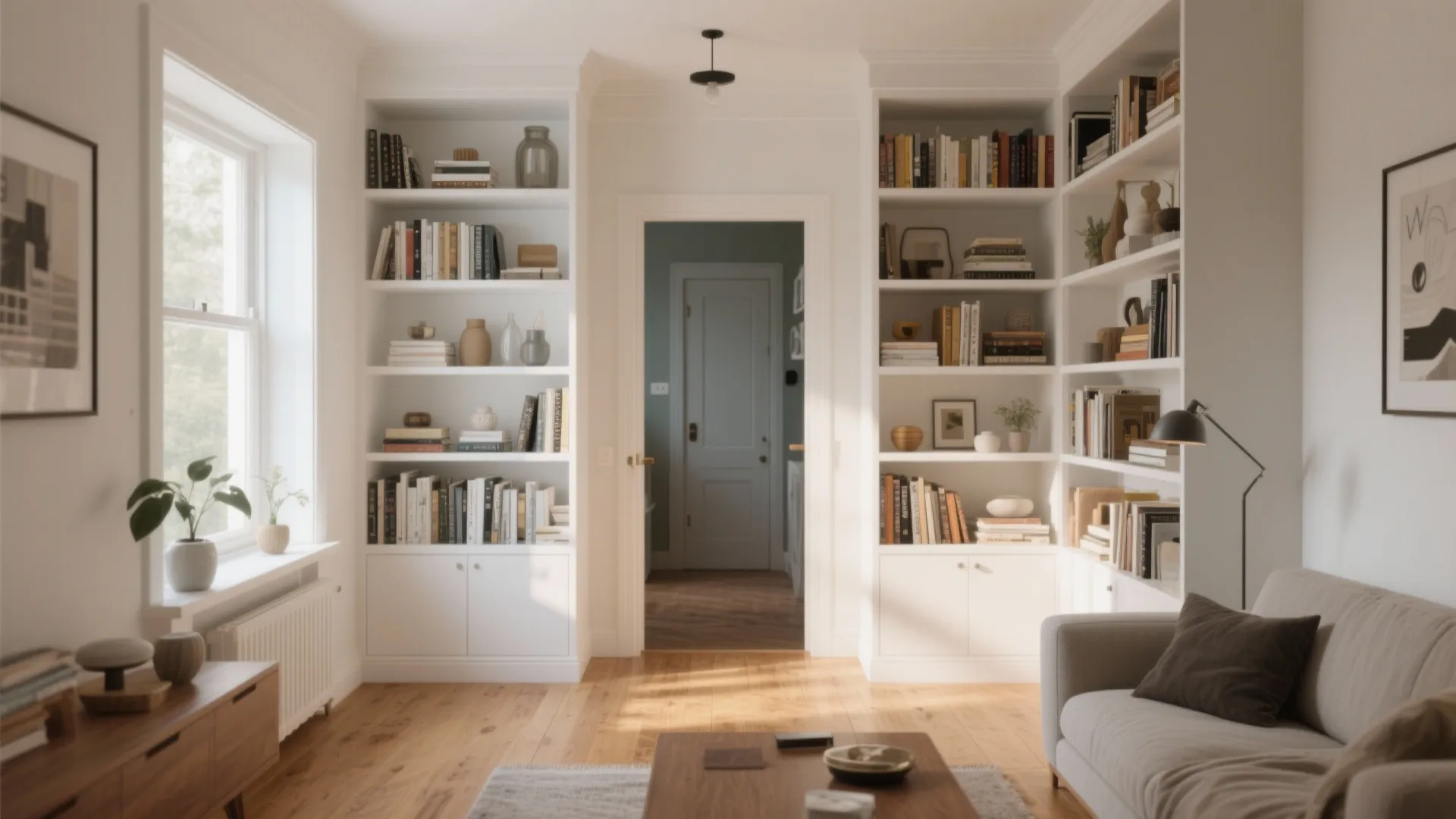 White built-in bookshelves around a doorway with books plants wooden floor and a grey sofa